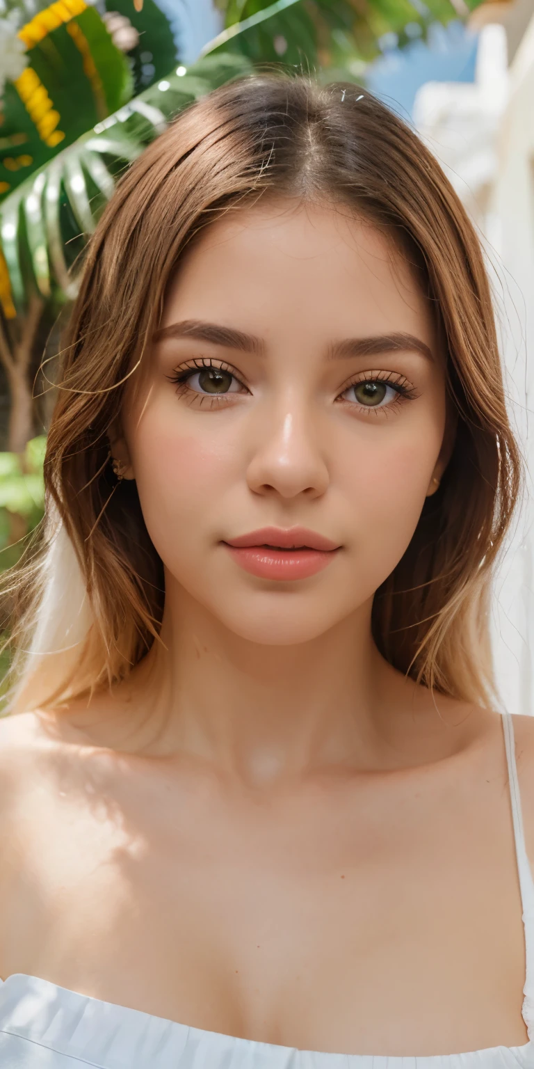 Realista, 1 garota, cabelo branco, olhos roxos, olhos brilhantes, corte superior, saia, parted lips, corar, noite, flores, sol, sollight,
