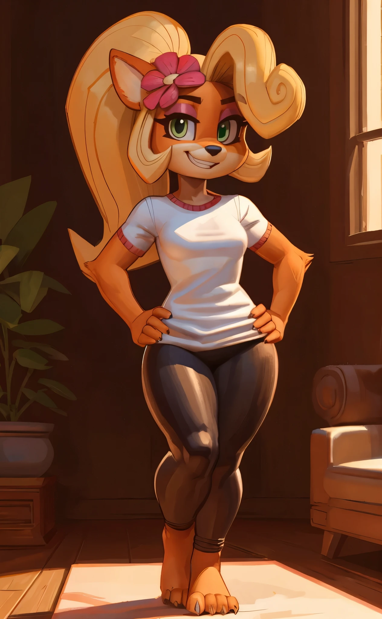 [Coco bandicoot], [Uploaded to e621.net; (wamudraws), (Pixelsketcher)], ((masterpiece)), ((HD)), ((high res)), ((solo portrait)), ((full body)), ((front view)), ((feet visible)), ((furry; anthro)), ((detailed fur)), ((detailed shading)), ((beautiful render art)), ((intricate details)), {anthro; orange fur, black nose, (cute green eyes), (short eyelashes), (pink eyeshadow), blonde curly hair, curly ponytail, (sharp claws), (curvy hips), (beautiful legs), (beautiful feet), (humanoid feet), (sexy toes), (cute grin), (excited expression)}, {(white tee shirt), (tight yoga pants), (pink flower in hair)}, {(standing), (hands on hips), (crossed legs), (looking at viewer)}, [background; (tropical forest), (living room), (window), (blue sky), (sun rays), (ambient lighting)]