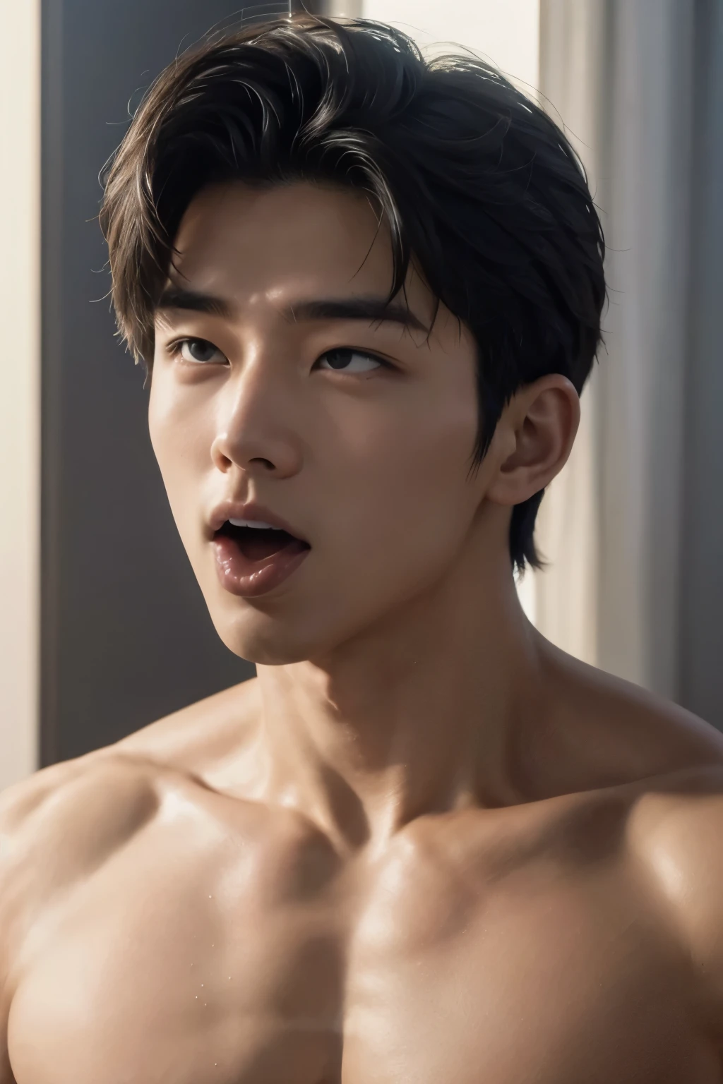 masterpiece, ultra quality, high resolution, 8k, intricate: 1.2), (detailed face:1.2), handsome, Young Korean man ,white skin, double eyelids , detailed skin, full body shot, 1boy, ((realistic)), abs, good lighting quality, muscle veins, ((pale skin)),(8K, RAW photo, Highest quality),Realistic, frontage，Intricate details,opened mouth,Extremely detailed eyes and eyelasheuscular male,Manly，Exposing the pectoral muscleposing abs，white thong panties，,Soft lighting,Cinematic lighting,Lovingly,((good light quality)), 1boy, ahg, rolling eyes, mouth open and tongue out , saliva, solo, sweat, (drooling),((salivating)), full body shot,