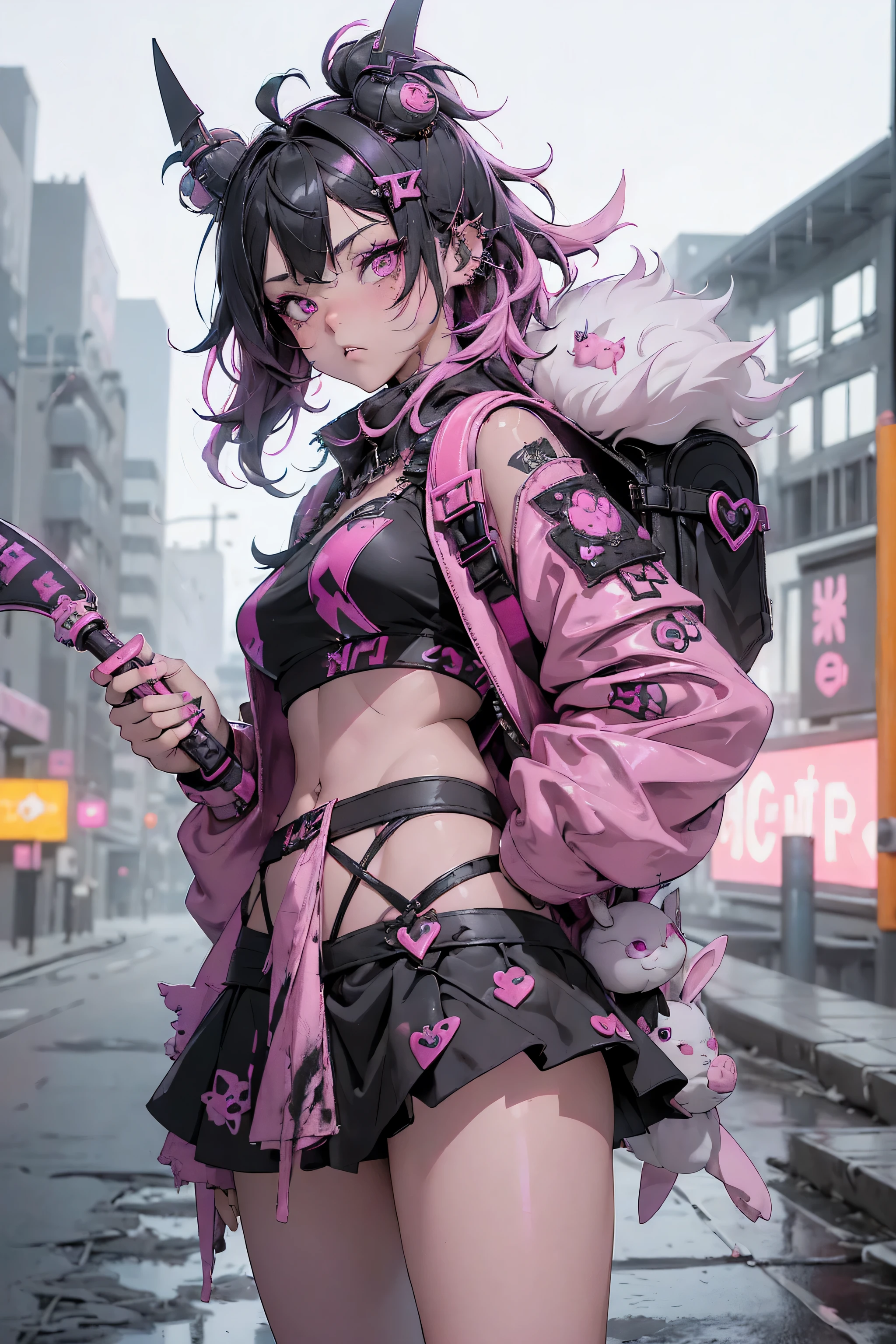 (highest quality、8k、32K、masterpiece、nffsw:1.3)、(Photoreal:1.4),(shoot from front,looking at viewer:1.5)、(masterpiece, best quality, perfect anatomy), (bishoujo: 1.3), 1girl, solo, (looking_at_viewer), cowboy shot, (sling, fearless smile, gothic makeup, vampire fangs: 1.3), (pink twin-tail hairstyle:1.0), (black and red gothic hooded coat: 1.5), (black ruffles, micro_sling bikini, mini skirt, pink long socks: 1.5)), midnight ruined church background,(cinematic lighting)、Depth of the bounds written,blurred background、