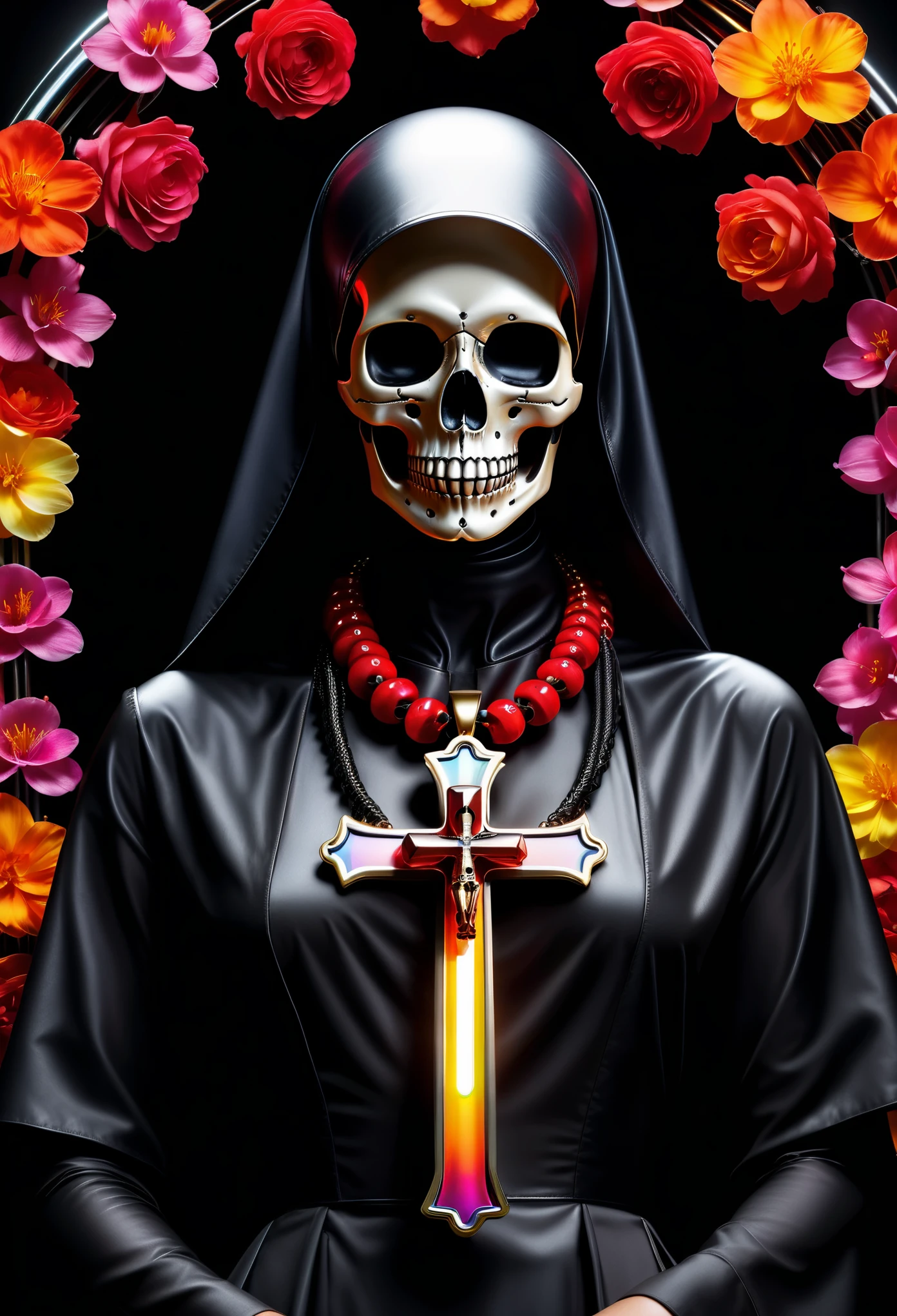 (best quality,4k,8k,highres,masterpiece:1.2), ultra-detailed, (realistic,photorealistic,photo-realistic:1.37), 1nun, Asian face, long neck, side lighting, half-shadow, and rainbow light, black background, (polished metal skull necklace pendant), rainbow, vibrant, composition illustration, circular composition, solo, steampunk, (glowing red trails, cross-shaped halo, blooming flowers)