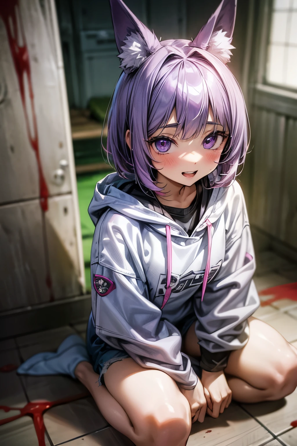 ((Masterpiece)), (Anime:1.3), ((best quality)), (RAW photo: 1.2), (High Definition:1.3), (Professional Photography:1.2), (), from above, wide shot, Textured skin, cinematic lighting, ((Cute teenage Beautiful Girl)), ((Black bunny ears)), BREAK, ((best quality)), unruly hair, (medium bob), (purple color hair), glowing Purple eyes, (Crazy Eyes), very blush, Big purple eyes, Open your mouth wide, (crazy smile), BREAK, Pretty loose pink hoodie, bloody, Tattered short trousers of jeans fabric, (the floor is wet with a blood), Sitting on the floor, Eerie and inorganic white concrete room,
