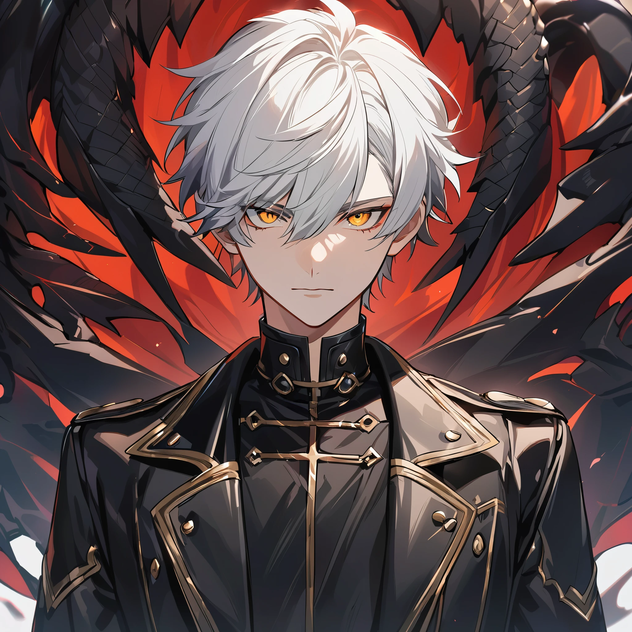 Handsome male, 1male, , teenager, golden lining, short white hair, flat cut hair, sharp eyes, gold eyes, devil may cry, close up, calm expression, stoic, black leather clothes, black jacket, black gloves, upper body, looking at viewer, cowboy shot, black dragon background