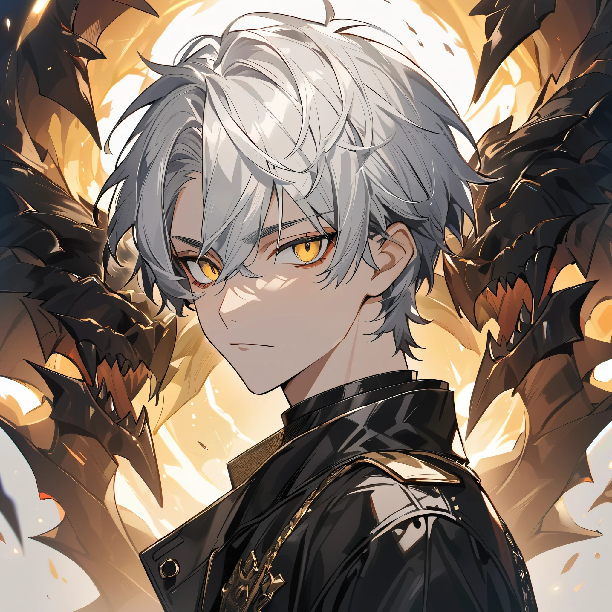 Handsome male, 1male, 17 years old, teenager, golden lining, short white hair, flat cut hair, sharp eyes, gold eyes, devil may cry, close up, calm expression, stoic, black leather clothes, black jacket, black gloves, upper body, looking at viewer, cowboy shot, black dragon background