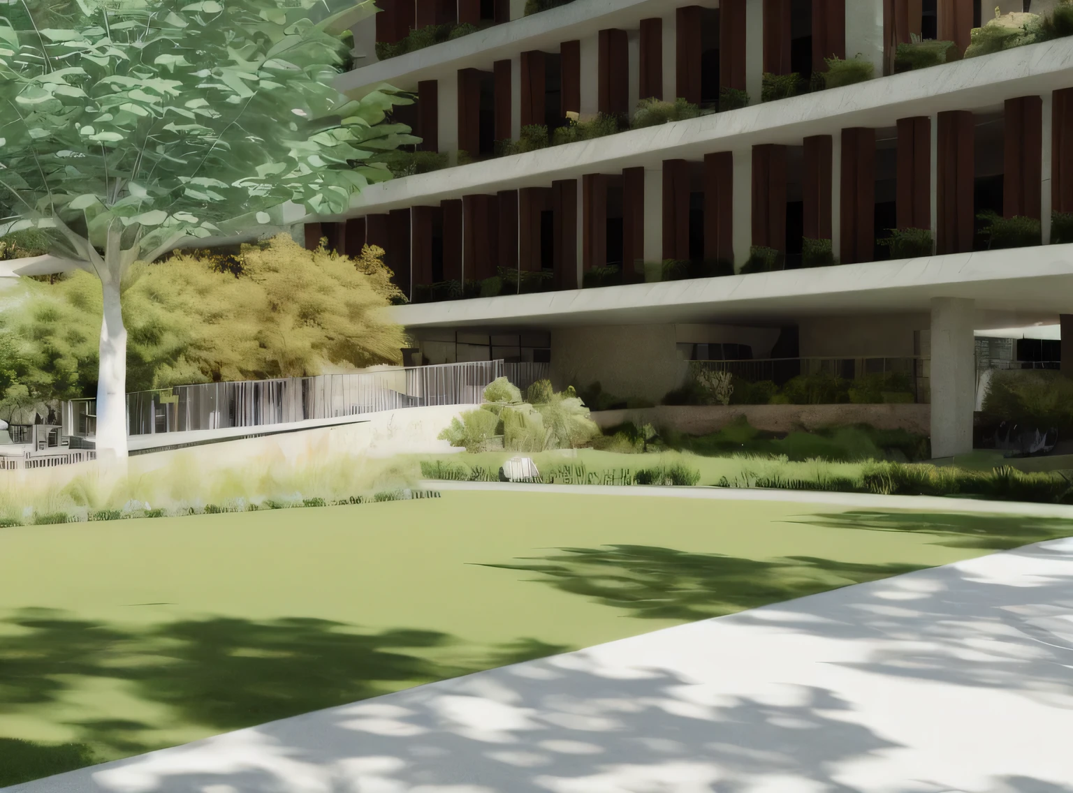rendering of a courtyard with a walkway and a tree in the foreground, green terrace, architectural rendering, low angle dimetric rendering, architectural visualization, detailed rendering, ambiente exuberante, vibrant greenery outside, exuberante ambiente de jardim, green spaces, architectural 3D rendering, artistic print, architectural renderinging, insanely detailed rendering, realistic physics rendering, 4k, tropical, Atlantic forest, verde, architectural rendering, high quality rendering
