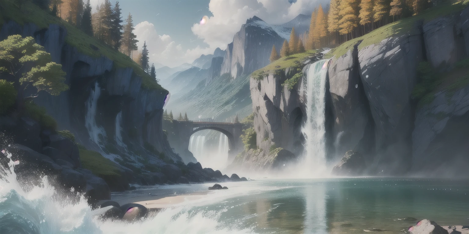 (masterpiece, best quality, high quality, Extremely detailed CG unified 8k wallpaper), realism, landscape, Outdoor activities, flower, cloud, Sky, unmanned, Mountain, landscape, water, tree, rain, waterfall, cliff, nature, lake, river, Award-winning photography, Bokeh, depth of field, high dynamic range, 洪water, Color difference, actual, Very detailed, Art Station Trend, complicated, high detail, dramatic, art halfway