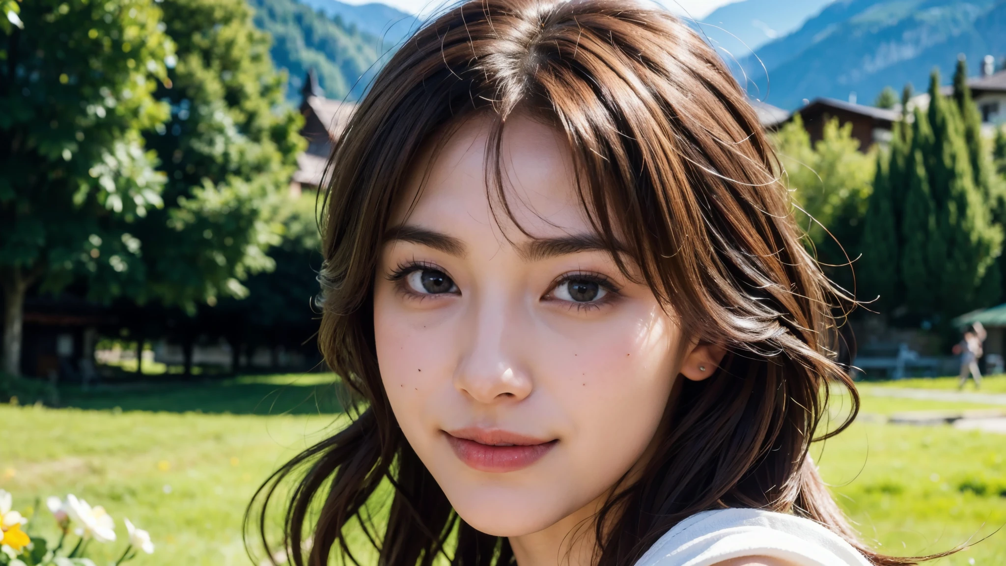 masterpiece, Best Quality, Photorealistic, Ultra-detailed, finely detailed, High resolution, 8K Wallpaper, 1 beautiful woman, light brown hair, sharp focus, Perfect dynamic composition, Beautiful detailed eyes, detailed hairs, Detailed realistic skin texture, Smiling, portrait, Model body type, Take a walk in a small village of Switzerland,