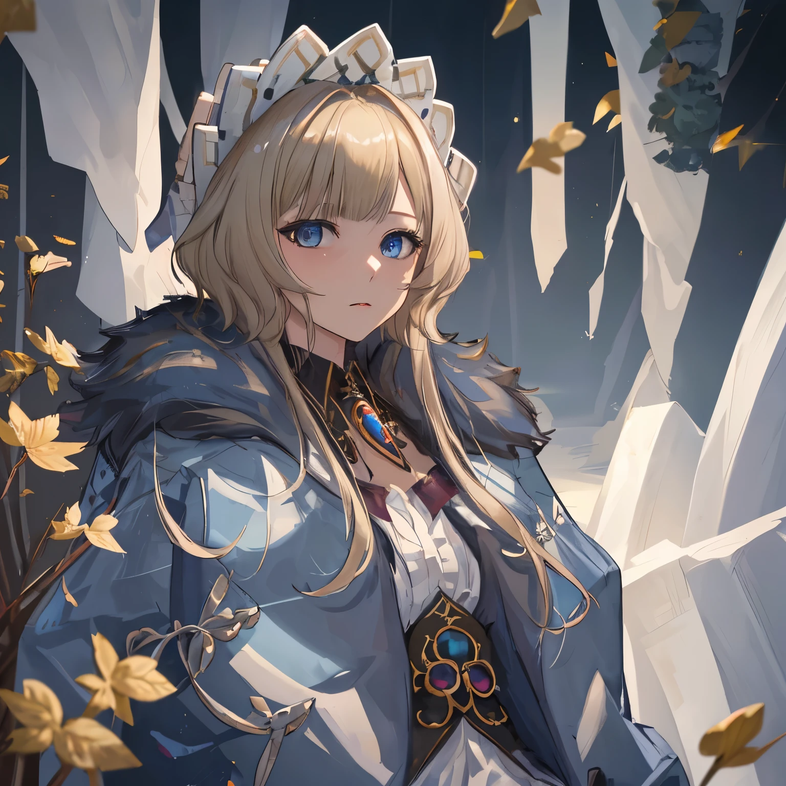 super fine illustration, an extremely cute and beautiful girl, highly detailed beautiful face and eyes, look at viewer, cowboy shot, beautiful hair, solo, dynamic angle, beautifully detailed fur coat with frill, ice castle in the background, blue tone,  sandrone, genshin impact style, blonde hair, short hair, hair ornament, detailed face, detailed eyes, fresh blue eyes