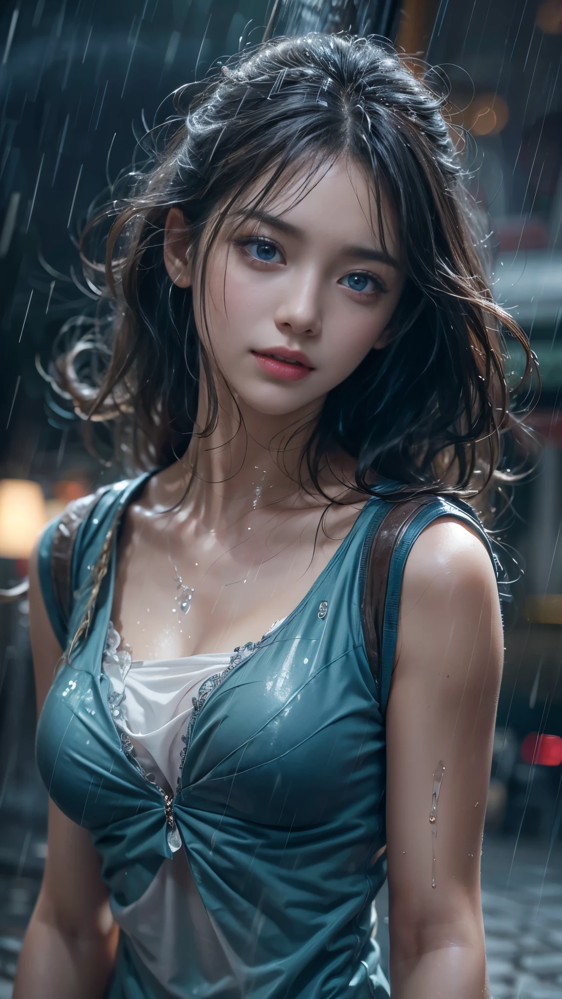 (RAW shooting, Photoreal:1.5, 8k, highest quality, masterpiece, ultra high resolution), perfect dynamic composition:1.2, night, street corner, look up at the sky:1.3, (((Typhoon heavy rain))), Highly detailed skin and facial textures:1.2, Slim high school girl wet in the rain:1.3, sexy beauty:1.2, perfect style, beautiful and aesthetic, Fair skin, very beautiful face, (rain drips all over my body:1.2, wet hair:1.3, wet clothes:1.2), water droplets on the skin, (Medium chest, Chest gap), (embarrassing smile, The expression on your face when you feel intense caress, Facial expression when feeling pleasure), (beautiful blue eyes, Eyes that feel beautiful eros:0.8), (Too erotic:0.9, Bewitching:0.9), cowboy shot, perfect limbs, perfect fingers