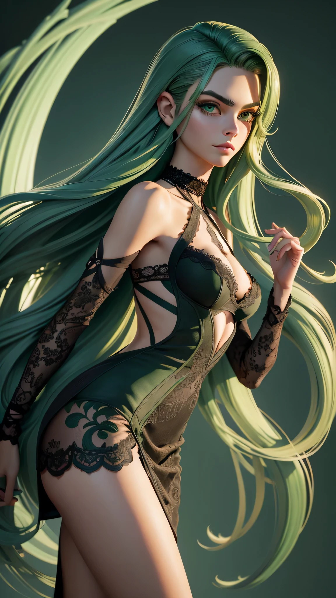 SKS woman, Cara Delevingne, 16 years, gynoid physics, (One:1.1), Cara Delevingne, perfect face, (((black and green elegant dress made of thick lace with a cut-out leg and a cowl collar))), (((high lace thong))), (((lace bra with emerald in the middle))), (((black lace necklace with green tint, emerald in the middle))), cup size E, big bust, One focus, tranquility, (((combed back hairstyle, long hair))), (((green hair with brown undertones))), (((Green eyes))), beautiful detailed eyes，bright students，（very good and beautiful），（Beautiful and detailed description of the eyes), [[gentle fingers and hands:0.55]::0.85], (detail fingers), Facing the camera, (Background with：luxury bedroom，mystical atmosphere), (Illustration, cartoon, Masterpiece, very detailed, Best quality，cinematic lighting，muted colors, detailed background, A high resolution)