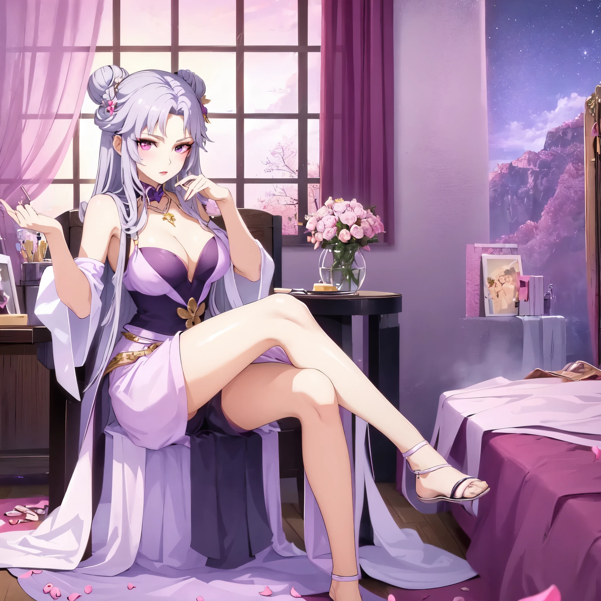 a beautiful young girl,((solo)),masterpiece, best quality,clear eyes,middle breast,Delicate eyes, extremely_detailed_eyes_and_face, gorgeous and colorful, shining spots, the most beautiful, hair ornament, hair bun only on the right side,necklace, long white hair,sitting,best quality,purple eyes,pink petal falling,starry sky,window,describing delicate,bright colors, rich luster, gorgeous special effects, 8K image quality