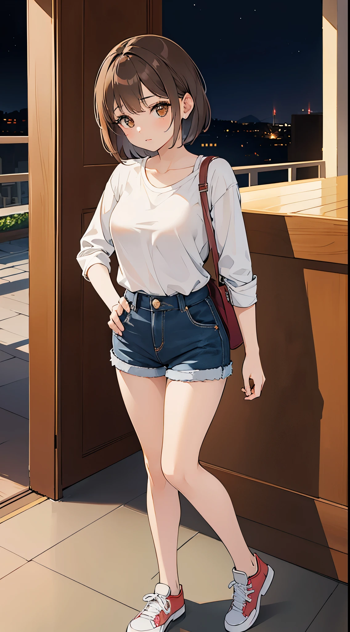 1 girl. brown short hair, brown eyes, light skin, 150cm, body type thin, breast cup A, wearing casual shirt and shorts and shoes, 20 years old, to become night,