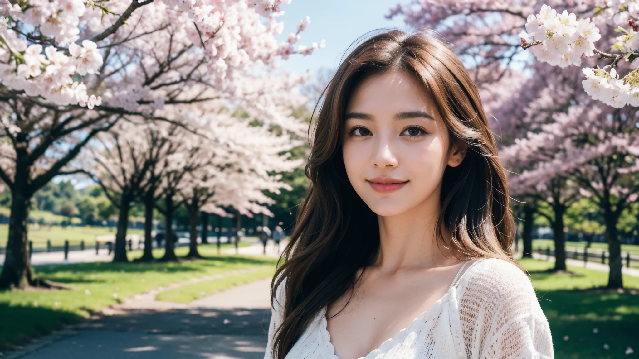 masterpiece, Best Quality, Photorealistic, Ultra-detailed, finely detailed, High resolution, 8K Wallpaper, 1 beautiful woman, light brown hair, sharp focus, Perfect dynamic composition, Beautiful detailed eyes, detailed hairs, Detailed realistic skin texture, Smiling, portrait, Model body type, Take a walk in the park with cherry blossoms and Fuji Mountain background,