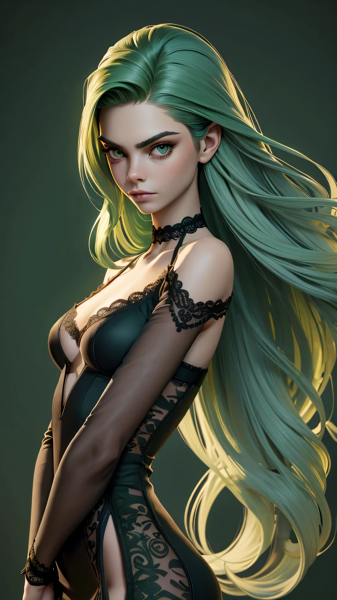 SKS woman, Cara Delevingne, 16 years, gynoid physics, (One:1.1), Cara Delevingne, perfect face, (((black and green elegant dress made of thick lace with a cut-out leg and a cowl collar))), (((high lace thong))), (((lace bra with emerald in the middle))), (((black lace necklace with green tint, emerald in the middle))), cup size E, big bust, One focus, tranquility, (((combed back hairstyle, long hair))), (((green hair with brown undertones))), (((Green eyes))), beautiful detailed eyes，bright students，（very good and beautiful），（Beautiful and detailed description of the eyes), [[gentle fingers and hands:0.55]::0.85], (detail fingers), Facing the camera, (Background with：luxury bedroom，mystical atmosphere), (Illustration, cartoon, Masterpiece, very detailed, Best quality，cinematic lighting，muted colors, detailed background, A high resolution)