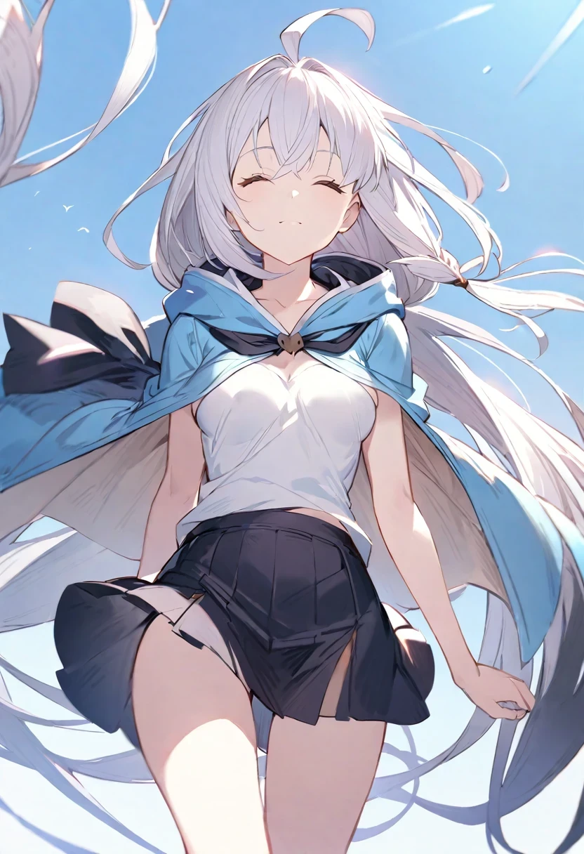 NSFW, Top-quality, Super high resolution, Masterpiece, Highres, 8k, UHD, Detailed lighting, Shaders, Realism, Anime screencap, Anime coloring, kawakaze, 1girl, solo, (Nude, Breast squeeze, Breast out, Big , Voluptuous, Plump, Chubby:1.5), Thick thighs, Big ass, Cleavage, The most beautiful silver hair in the world, Long hair, Hair between eyes, Bangs, Animal ears, Fox ears, Ahoge, Light blue eyes, Eyes are glowing, Beautiful eyes, Eyelashes, Beautiful eyes, (Japanese clothes, White japanese clothes, Shrine maiden clothes, White shrine maiden clothes, Culotte, Black culotte, Culotte skirt, Thighhighs, Black thighhighs, Detached sleeves, Wide sleeves, Long sleeves, Ribbon-trimmed sleeves, Ribbon trim, Sailor collar, Black sailor collar, Collarbone, Neckerchief:1.2), Zettai ryouiki, White and beautiful shiny skin, The ultimate beautiful girl at 20years old, Ultimate beautiful girl, Ultimate beautiful face, Proportioned face, Lips, Parted lips, Cowboy shot, Fullbody, Looking at viewer, (Blue sky, On the sea, Natural background, Sunlight, Blush, Expressionless:1.2), (From below, Close-up:1.5)