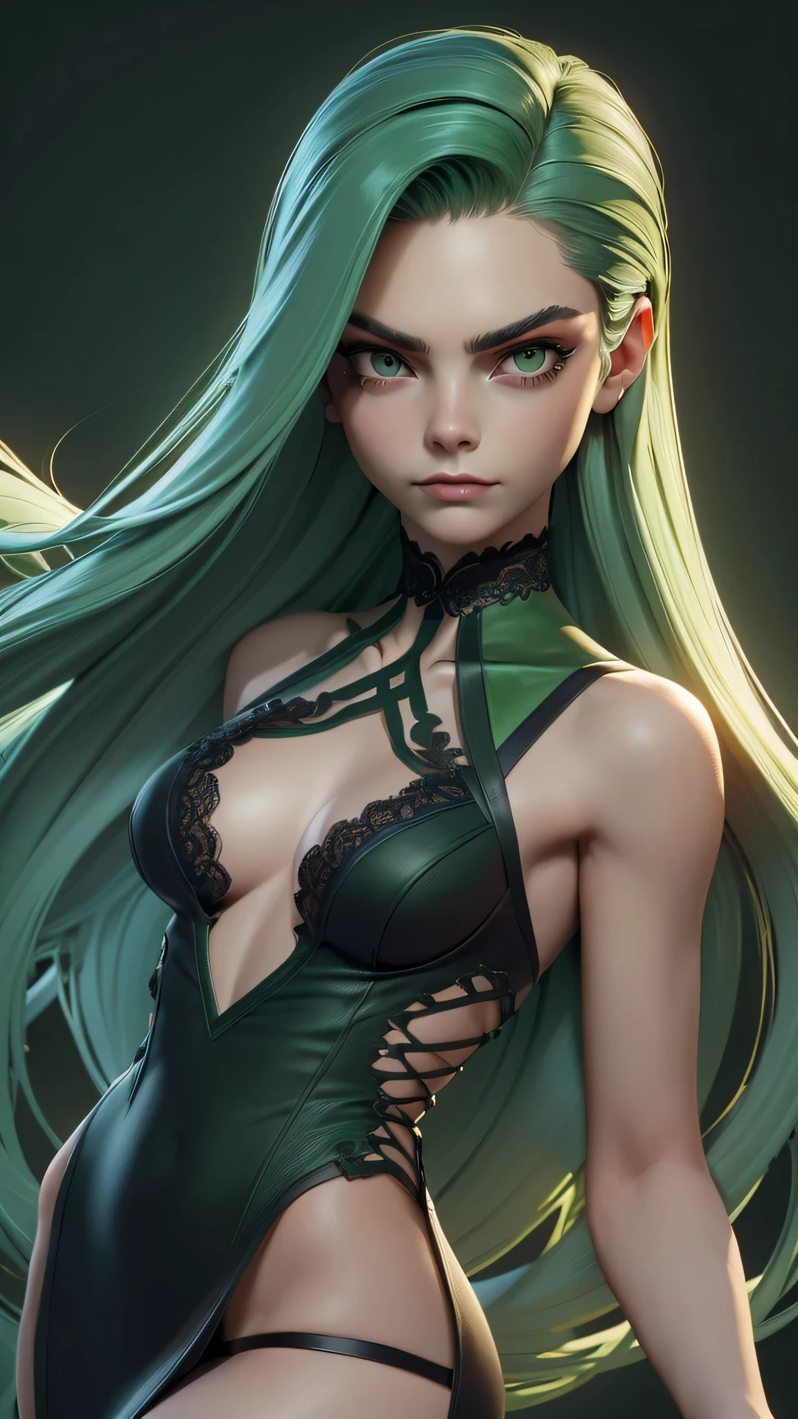 SKS woman, Cara Delevingne, 16 years, gynoid physics, (One:1.1), Cara Delevingne, perfect face, (((black and green elegant dress made of thick lace with a cut-out leg and a cowl collar))), (((high lace thong))), (((lace bra with emerald in the middle))), (((black lace necklace with green tint, emerald in the middle))), cup size E, big bust, One focus, tranquility, (((combed back hairstyle, long hair))), (((green hair with brown undertones))), (((Green eyes))), beautiful detailed eyes，bright students，（very good and beautiful），（Beautiful and detailed description of the eyes), [[gentle fingers and hands:0.55]::0.85], (detail fingers), Facing the camera, (Background with：luxury bedroom，mystical atmosphere), (Illustration, cartoon, Masterpiece, very detailed, Best quality，cinematic lighting，muted colors, detailed background, A high resolution)