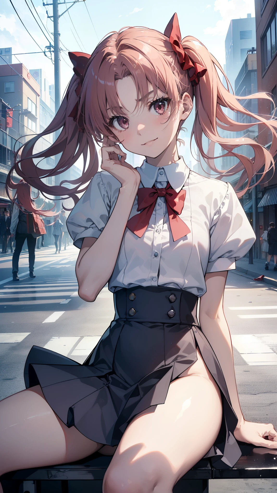 (highest quality, 8k, masterpiece, best image quality,  ultra hd, delicate and smooth skin, real looking skin, perfect and beautiful face ,perfect and cute face, high detail skin, perfect limbs、thin waist、thin legs)、Tokiwadai Junior High School Clothes、red bow tie、evil smile、twin tails、In a bright city、