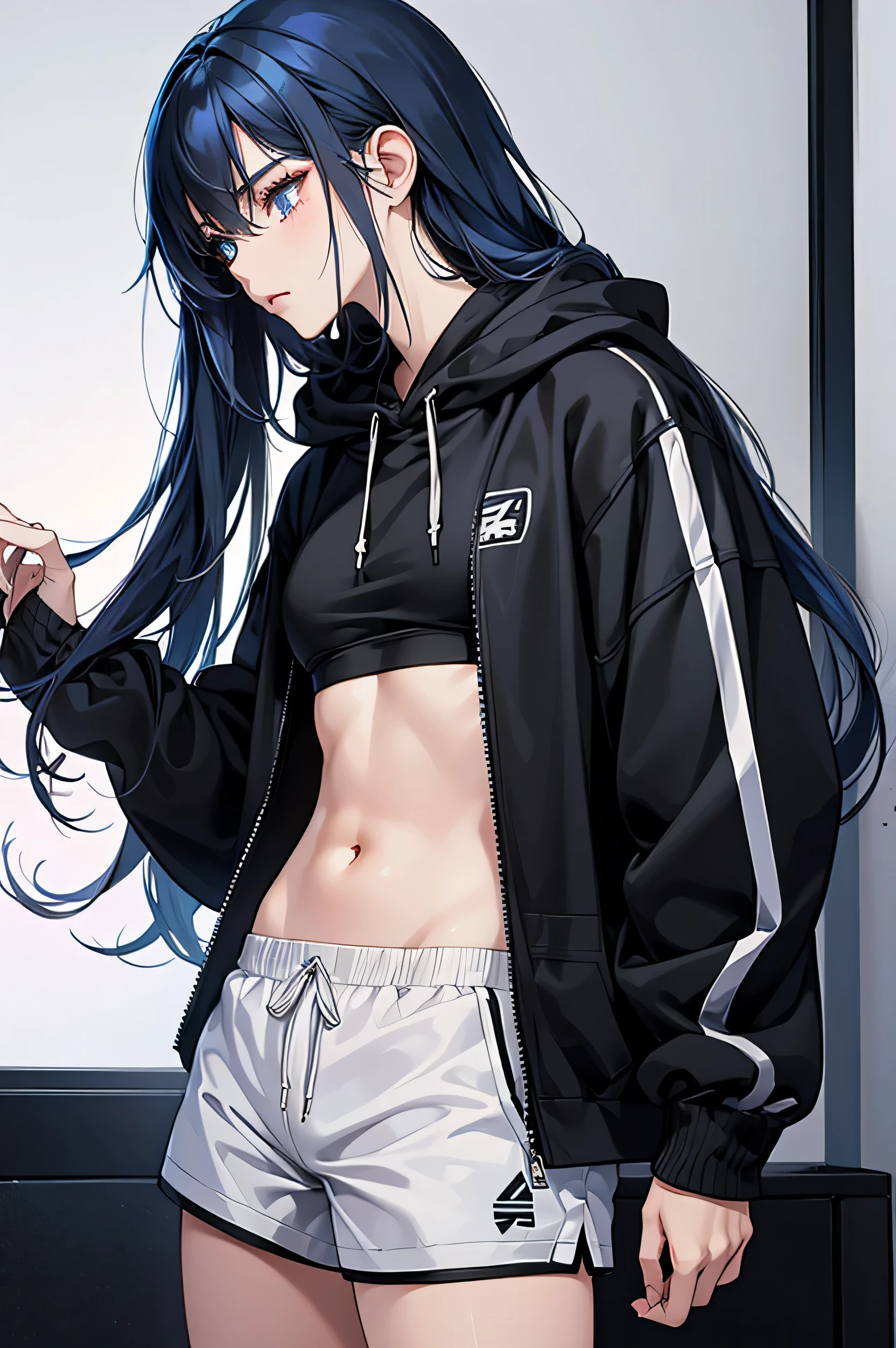 Handsome slim girl with long black and blue hair. sharp eyes. wearing a long hoodie and athletic shorts. looking bored