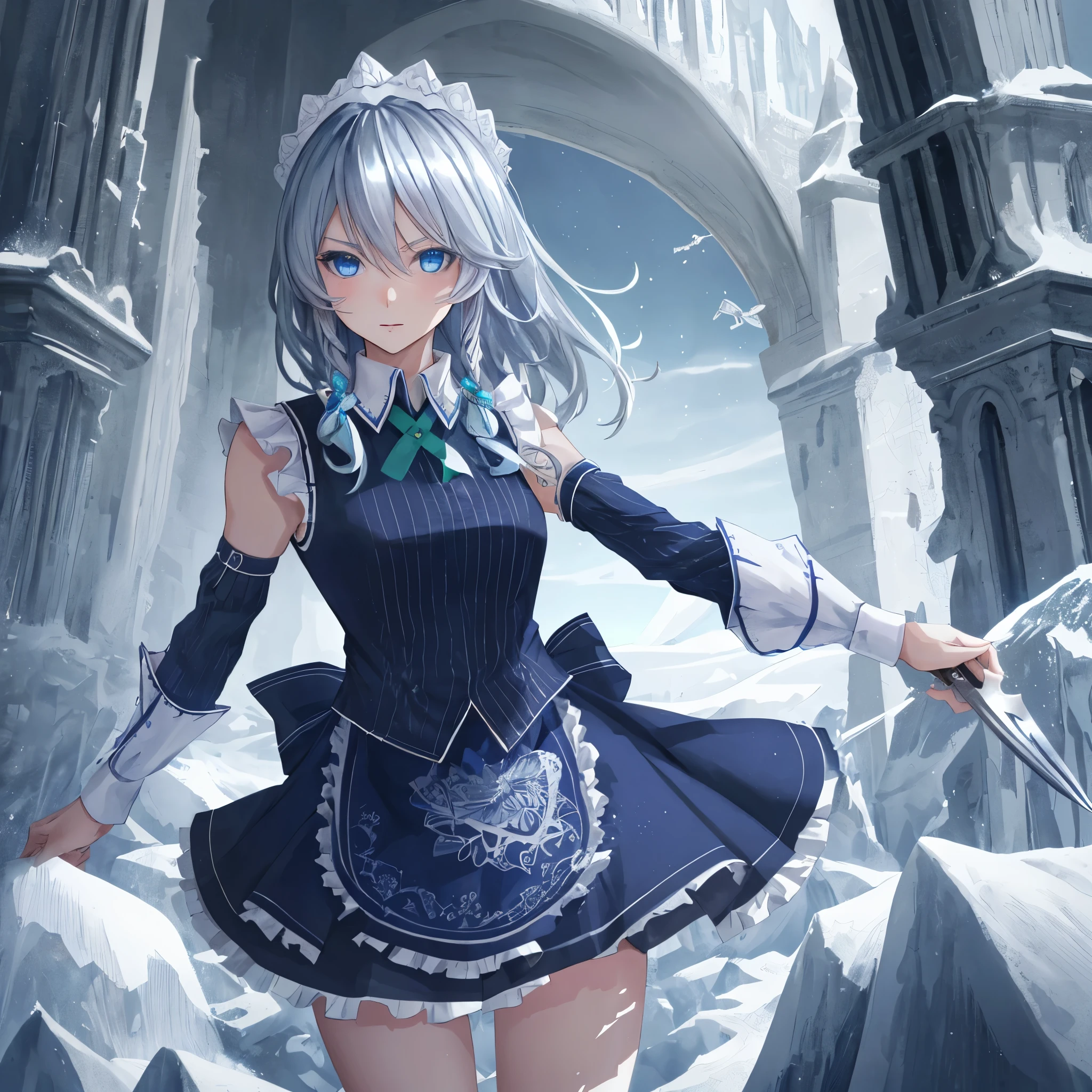 super fine illustration, an extremely cute and beautiful girl, highly detailed beautiful face and eyes, look at viewer, cowboy shot, beautiful hair, solo, dynamic angle, beautiful detailed ice dress with frill, ice castle in background, blue tone,  sakuya izayoi, silver hair, maid dress, white apron, very short skirt, sexy pose, flying knive, holding knife, sleeveless outfit, detailed face, detailed eyes, fresh blue eyes, big green ribbons, blue outfit