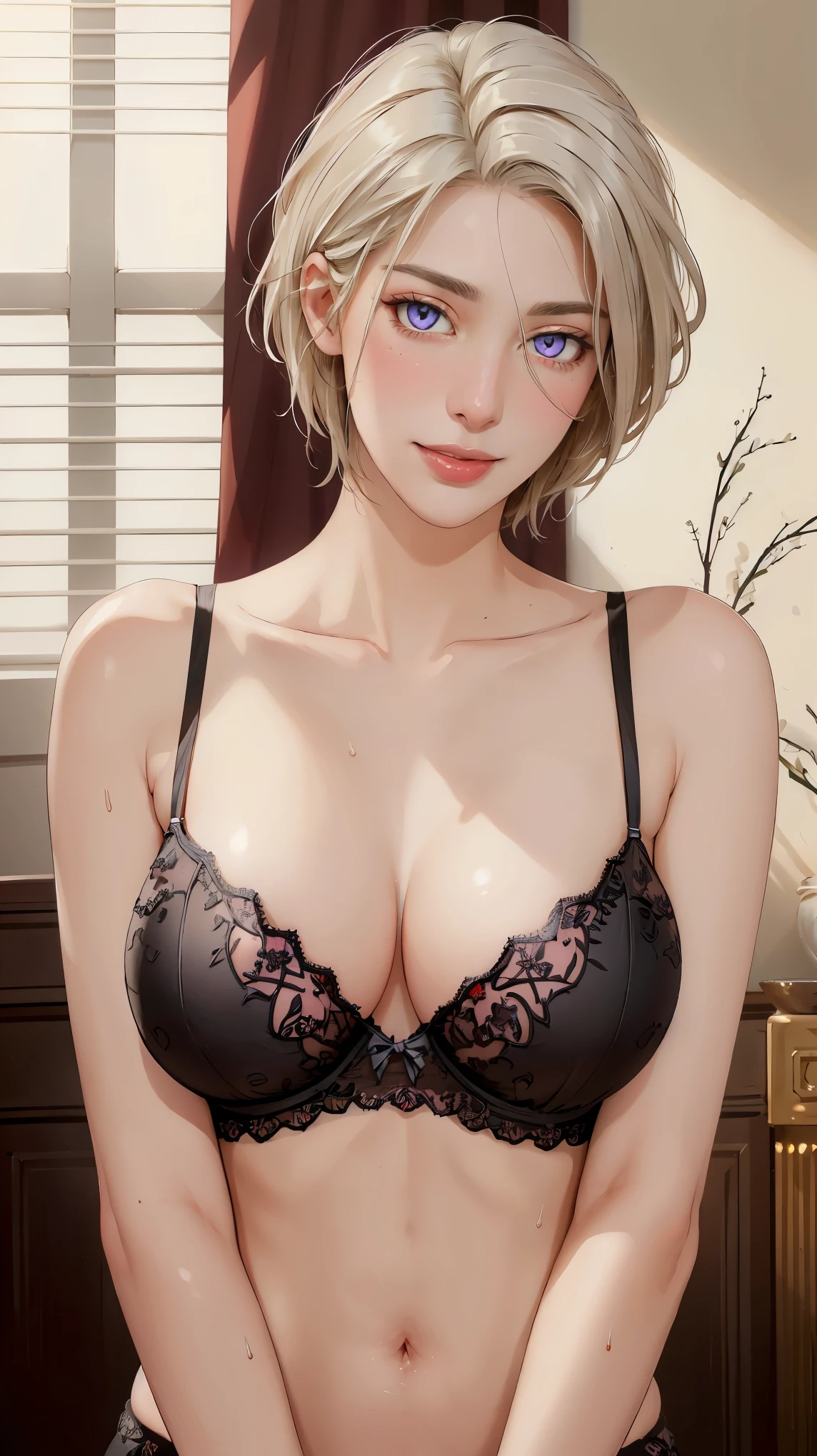 ((((masterpiece, best quality, high resolution)))), Extremely detailed 8K, Beautiful girl with voluptuous body, (Ultra HD, Ultra-detailed, Highly detailed, Highly realistic, Ultra-realistic, photograph realistic), (1girl:1.5), (Realistic white hair), short silky hair, bob cut, (dynamic poses), facing at camera, looking at viewer, (blushing red, smile), (purple eyes, sharp eyes), (big perky breasts:1.2), (beautiful detailed face, beautiful detailed eyes), ((black lace lingerie, thin material)), (standing up), sweat, glow, (sunbeam, sunlight), ((cowboy shot))