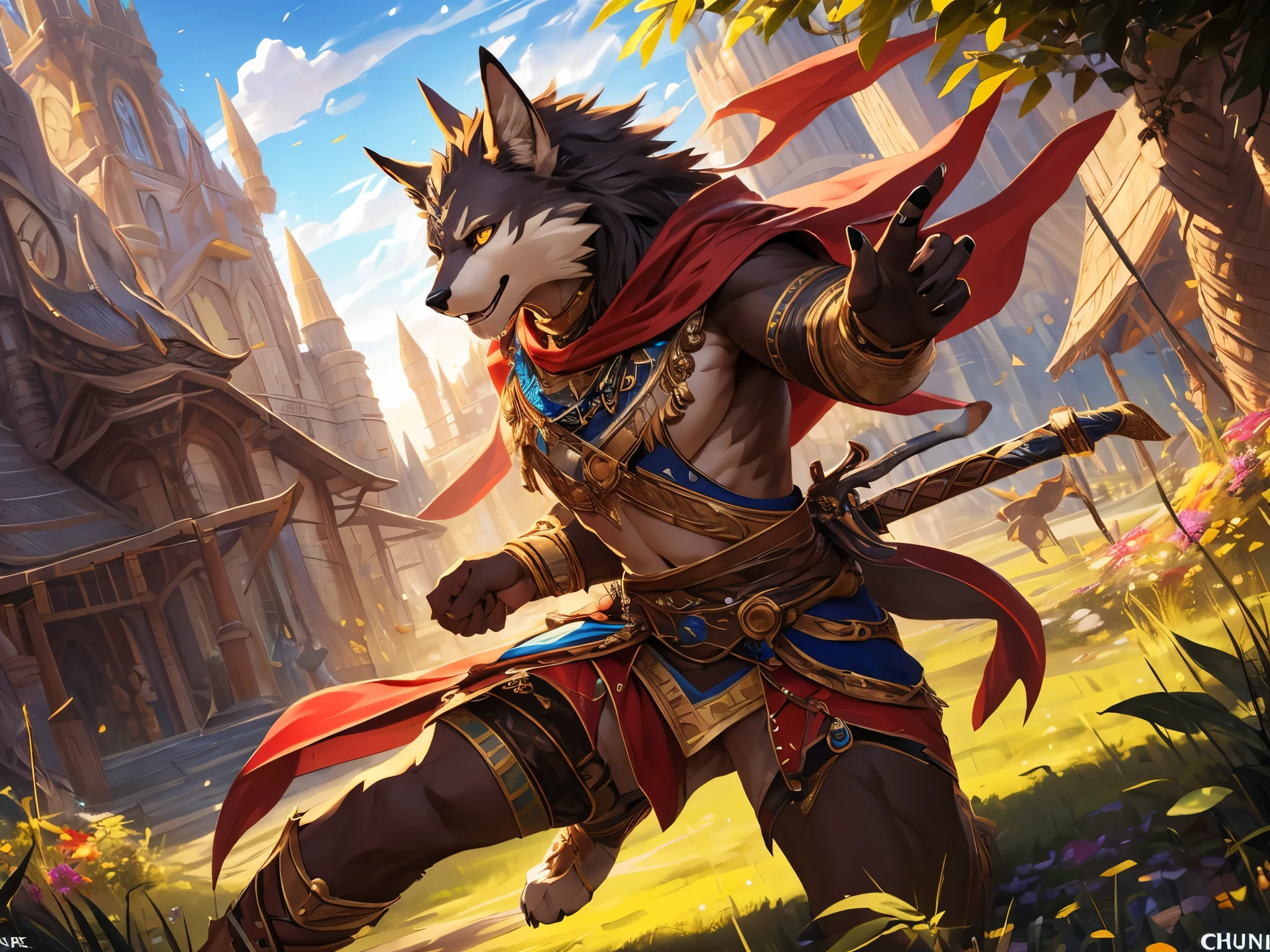 posted on e621, (by Chunie), male, solo, Yellow eyes, (Realistic eye details 1.2), anime character with a sword in a field of wheat, furry fantasy art, anthro art, of anthro Wolf warlock, full art, very very beautiful furry art, tabaxi monk, fantasy card game art, full art illustration, mystical anubis valkyrie, fursona furry art commission, amazing wallpaper, commission for high res, fursona art, furry art, Abstract beauty, ultra detailed face, depth of field, motion blur, high details, high quality, award winning, HD, 16k, (best quality,4k,8k,highres,masterpiece:1.2),ultra-detailed,realistic:1.37,HDR,UHD,studio lighting,extreme detail description,professional,vivid colors,bokeh,lively atmosphere, natural lighting