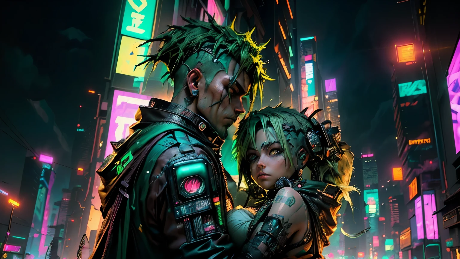 Background change, (handsome cyberpunk boyfriend green hair , girlfriend green hair , baby in the bride's arms: 1.5), 8K, realistic face, green metal clothes, various colors, decorations on ears and tattoos, modern and shiny hairstyles, cyberpunk city, dark, At night, neon lights in magenta and cyan tones illuminate the bride and groom and the baby.