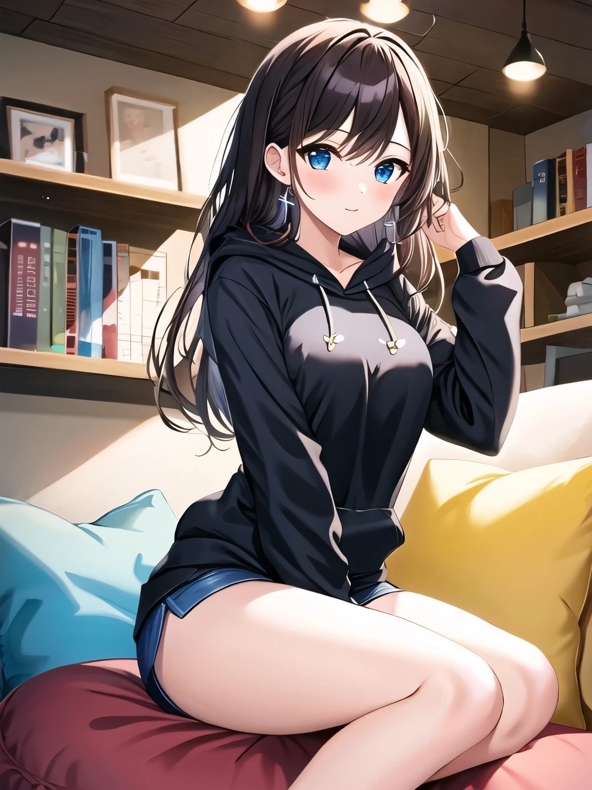 (masterpiece, highest quality:1.2), 1 girl, alone,hoodie、sitting on a blue cushion