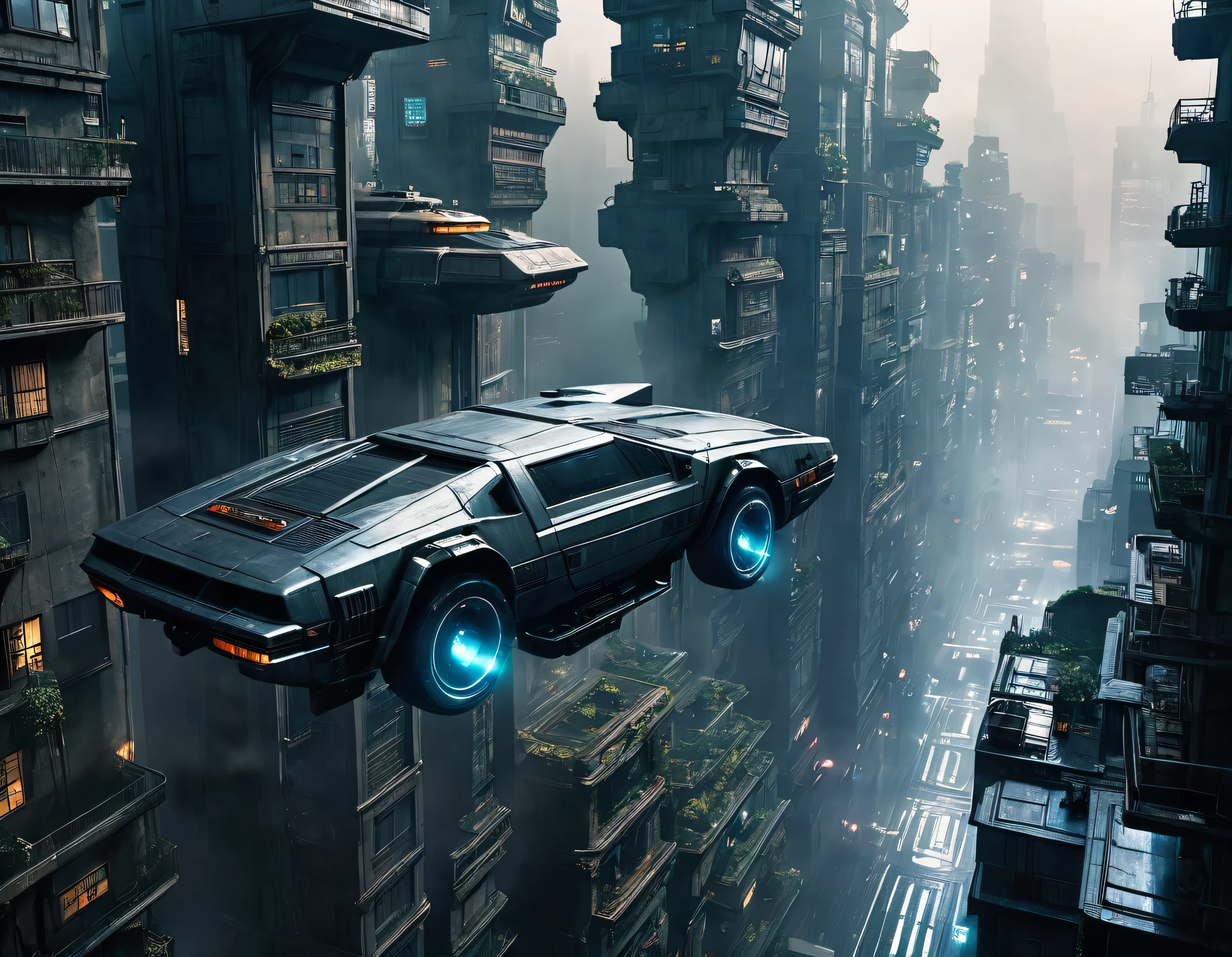 imagen de blade runner donde se aprecia el edificio tyrell corporation , calles adyacentes y pistas de naves- coches volando, en ambiente cyberpunk y futurista, obra maestra , detalles intrincados de la maquina , 8k.