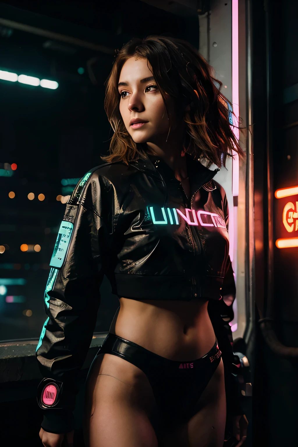 sydney sweeney 25 years old, with cyberpunk outfit, neon background