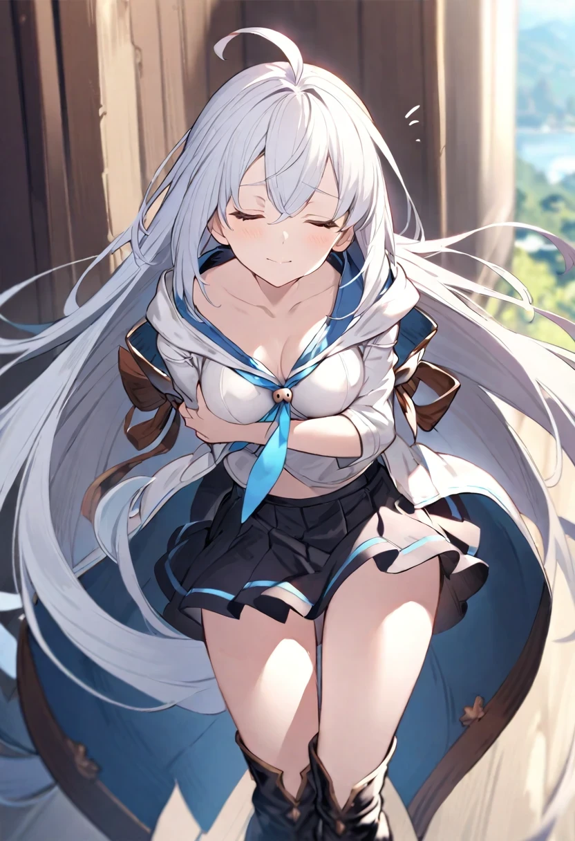 Shirakami Fubuki/(Holographic live broadcast/),Turquoise fantasy style, whole body, View directly, 挤压breast, girl,Miss,woman, young,20 years old, very long hair, flip hair, White and silver hair, hair blowing in the wind, ahog, pretty face, Extremely detailed and cute anime faces, closure_Eye, Moderate_breast, absolute_Good memories, White skin, cape, hoodie, Black_skirt, knee_boots, hood_down, thigh_gap, Black Clothes, Ridiculous, high resolution, Very precise and detailed,