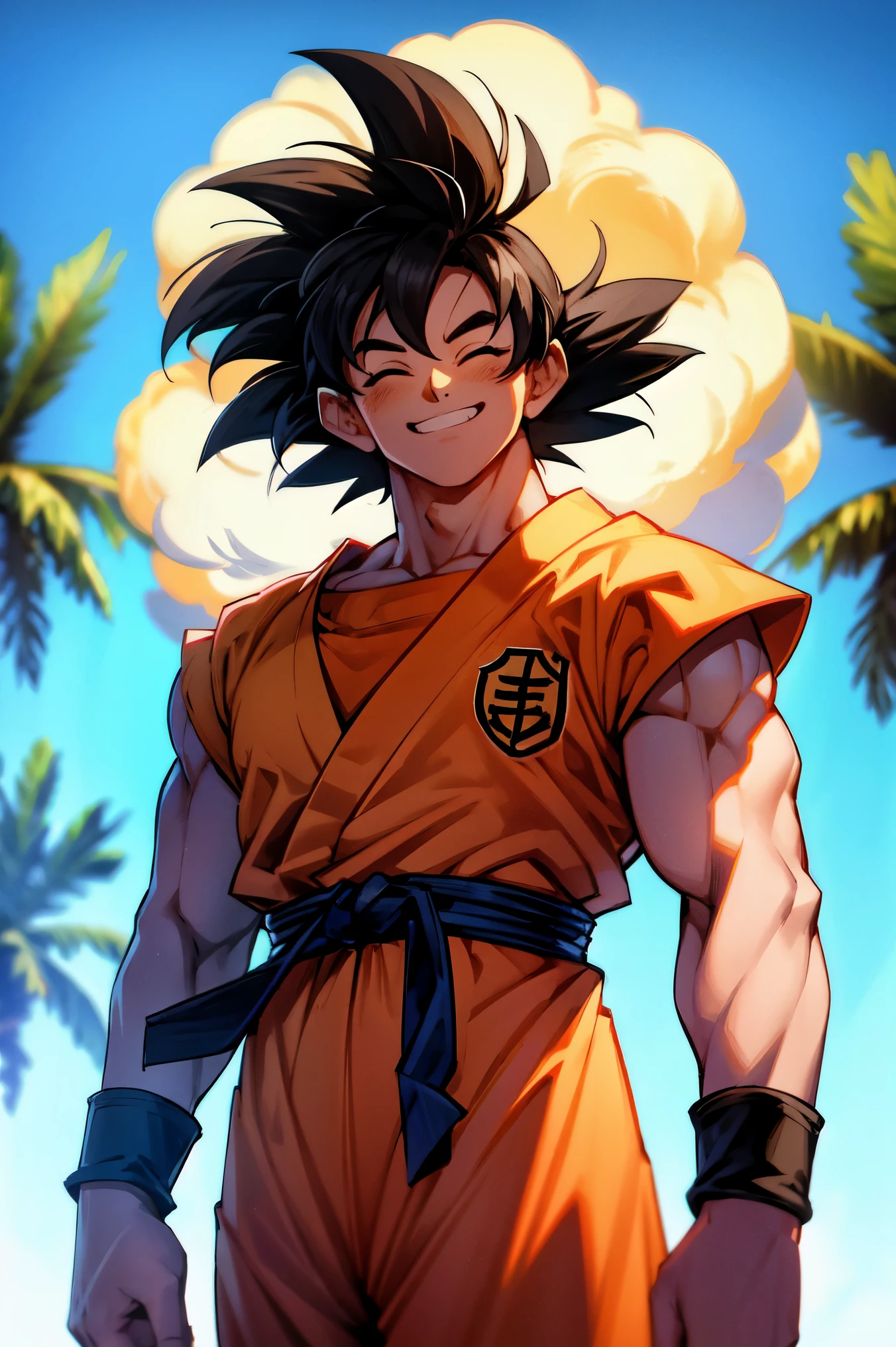 son goku, Super Sayan surrounded by golden Aura, lightning, big muscles charging up power, 4k, yellow Hair, yellow Pupils, high details, epic, cinematic