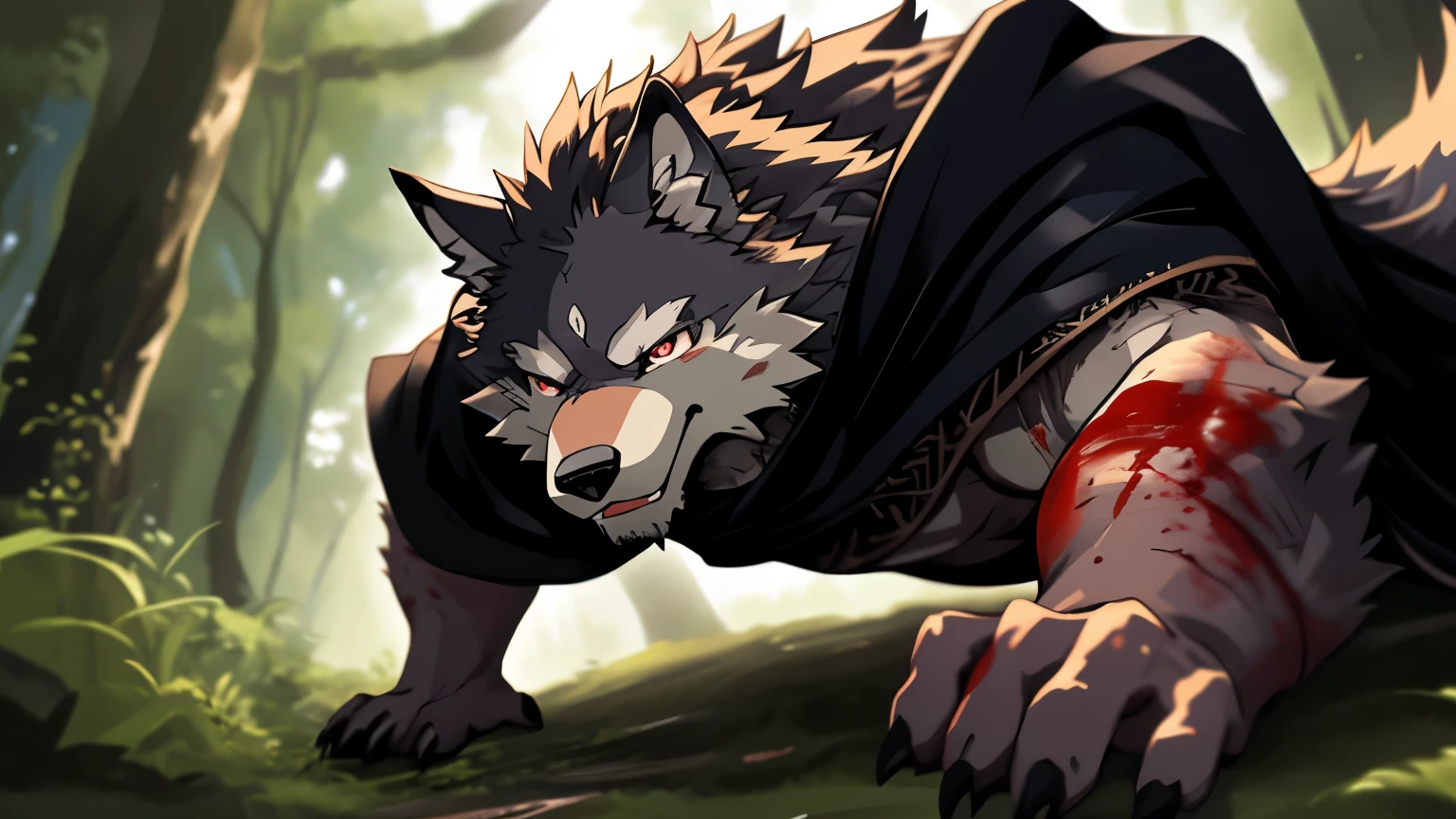 nsfw, ((((High resolution, best quality, masterpiece, high detailed)))), ((Hungry Wolf, anthro, muscular werewolf)), red eyes, 3x3 eyes, grey skin, muscular male,
He wore a red shirt, (Broken Armor), ((torn clothes)), battle armor,
high moral sexy werewolf, anthropomorphic wolf male
(((Sweaty))), (blush), (angry), ((saliva)), (look at viewer:1.1),
fantasy,
cum, Precum, cum on chest, lying, (dutch angle:1.1), (solo),