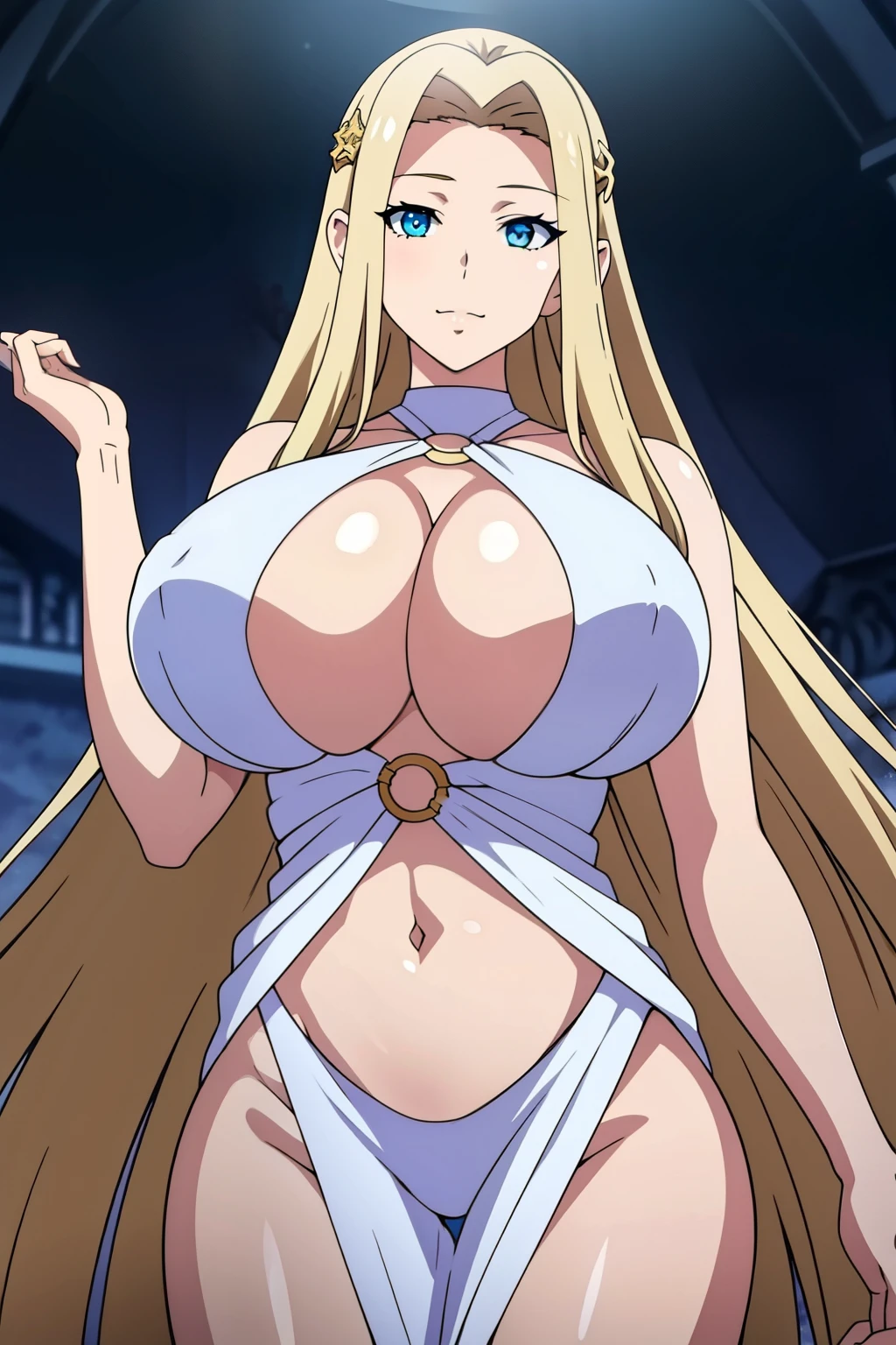 An anime-style artwork depicting celestine lucullus from the game kuroinu star rail.

Tags: celestine lucullus, anime, detailed eyes, detailed lips, blonde hair, white dress, smiling expression, intense gaze, glowing emblem on hand, dynamic pose, mystical background, vibrant colors, digital art, high-resolution, professional quality, gigantic breasts, cleavage, huge tits.