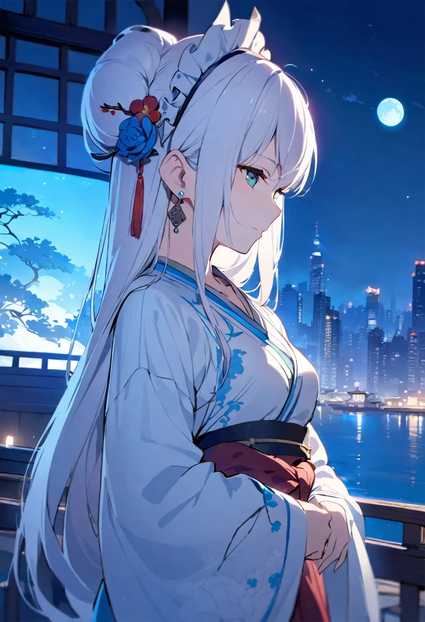 Shirakami Fubuki/(Holographic live broadcast/),masterpiece, best quality, 8k, movie light, ultra high resolution, Chinese painting, 1 girl, alone, Medium chest, night, moon, city street, headgear, hair flower, Chinese Arts, Hanfu, branch, long hair, belt, Upper body, China costume, jewelry, long sleeves, earrings, flower branch,