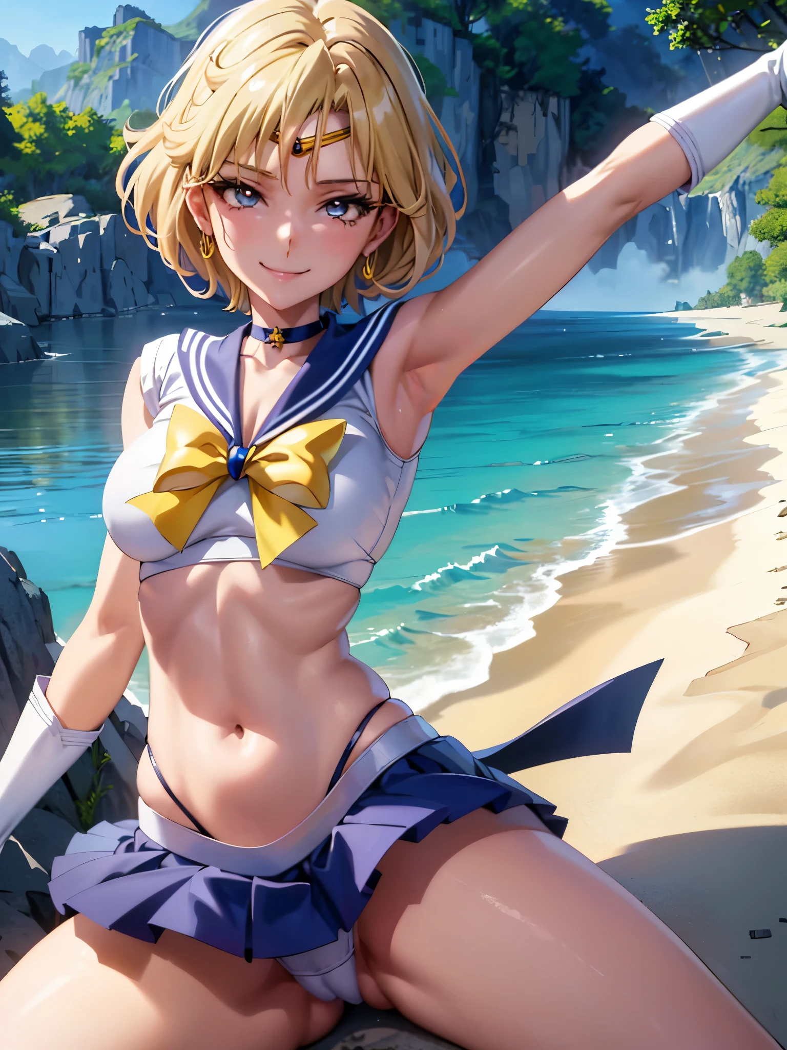 (nfsw, +18, Erotic Anime Art )、(highest quality:1.1), (masterpiece:1.4), (absurd:1.0), Portrait, Close-up,
1, sailor uranus, KizukiAi,, big and full breasts, aqua eye, blonde hair, sailor warrior uniform, sailor collar, chest bow, yellow ribbon, charming skirt, white elbow gloves, by the pool, (Smile:1.2), looking at the viewer, erect nipples、show off panties、super mini skirt、micro panties、(dynamic pose:1.2)、(Downから見る:1.2)、camel toe.between legs、belly button、spread your legs.(NSFW:1.2)、(Down :1.2)、between legsフォーカス、dynamic angle