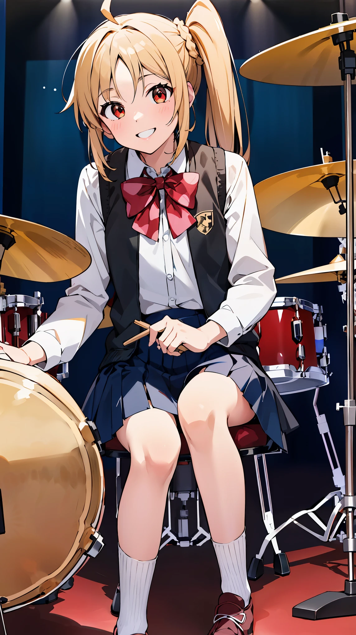 masterpiece, best quality, highres, in1, side ponytail, long hair, ahoge, white shirt, school uniform, blue skirt, long sleeves, red bow, white socks, sitting on a round chair, solo focus, (photo of drum set, playing drums with drumsticks), stage, smile