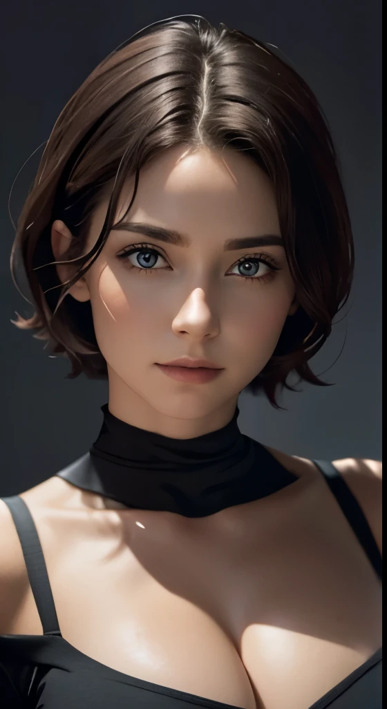 skin tight black top:1.2、look at the audience、cinematic lighting、perfection、soft light、high resolution skins:1.2、realistic skin texture、30 year old mature woman、small face、no makeup、off shoulder、bust B cup、 exposed cleavage、red eyes、short hair、dark brown hair、full nude、gray background