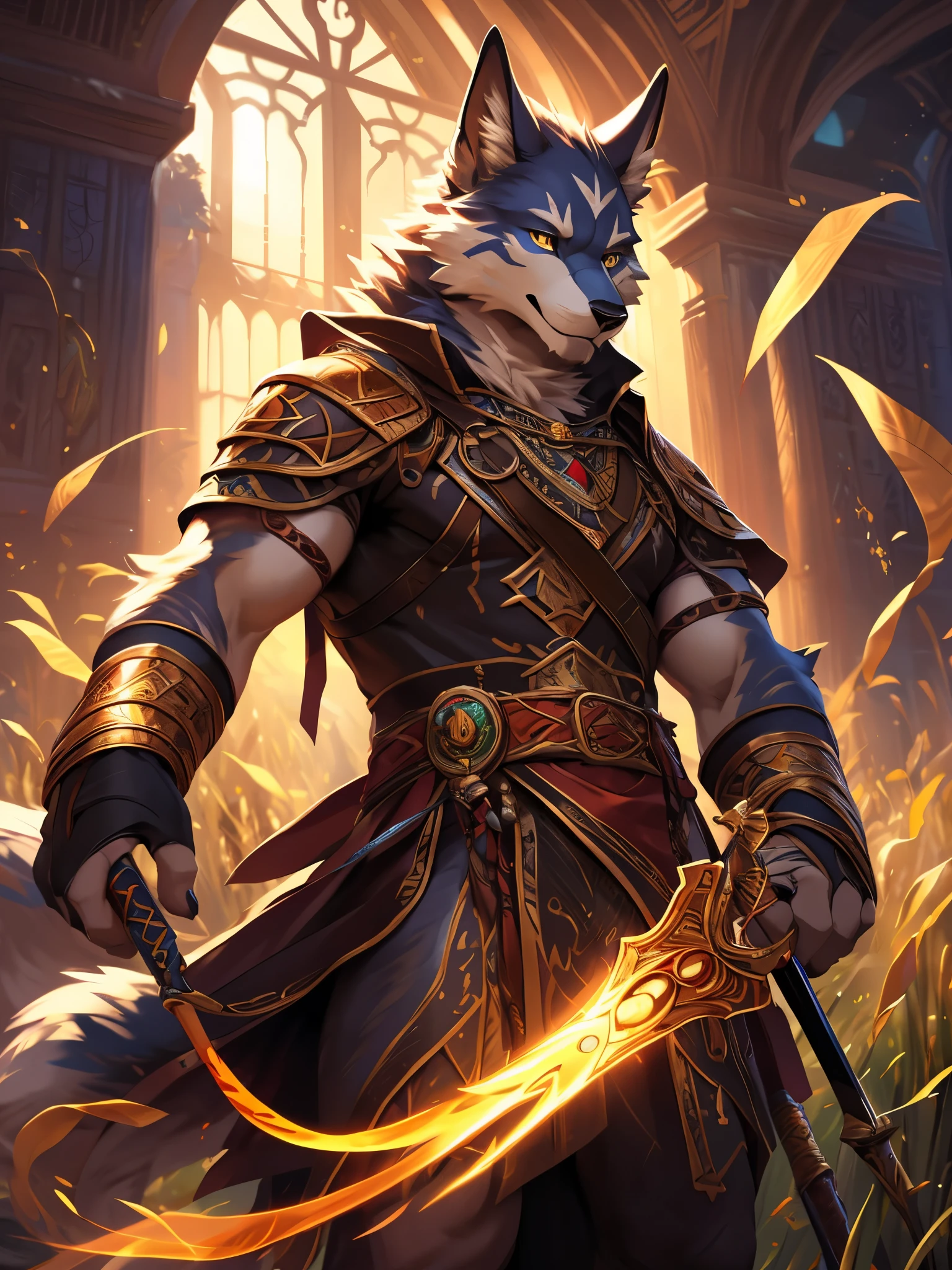 posted on e621, (by Chunie), male, solo, Yellow eyes, (Realistic eye details 1.2), anime character with a sword in a field of wheat, furry fantasy art, anthro art, of anthro Wolf warlock, full art, very very beautiful furry art, tabaxi monk, fantasy card game art, full art illustration, mystical anubis valkyrie, fursona furry art commission, amazing wallpaper, commission for high res, fursona art, furry art, Standing up, Abstract beauty, ultra detailed face, depth of field, motion blur, high details, high quality, award winning, HD, 16k, (best quality,4k,8k,highres,masterpiece:1.2),ultra-detailed,realistic:1.37,HDR,UHD,studio lighting,extreme detail description,professional,vivid colors,bokeh,lively atmosphere, natural lighting