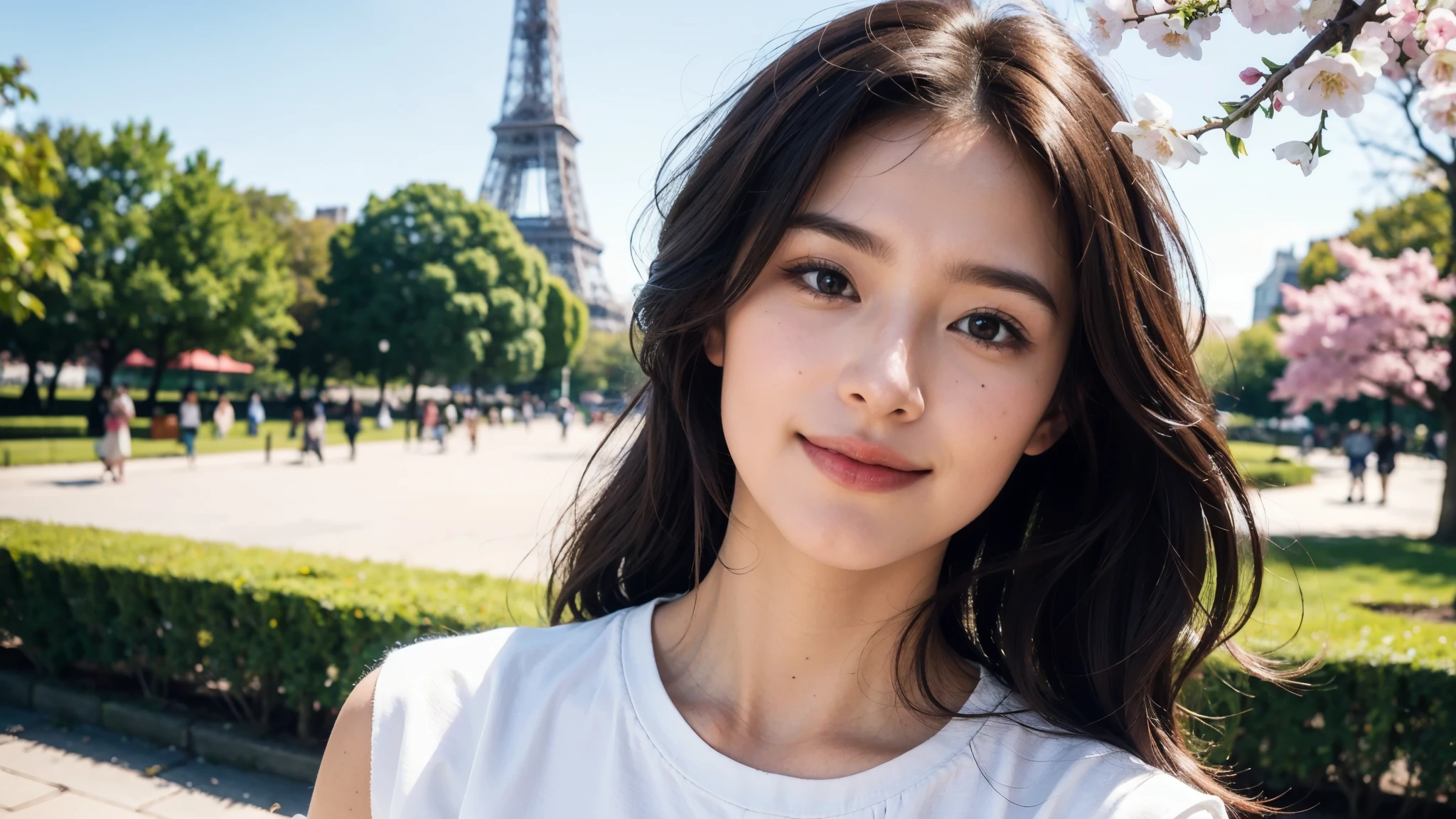 masterpiece, Best Quality, Photorealistic, Ultra-detailed, finely detailed, High resolution, 8K Wallpaper, 1 beautiful woman, light brown hair, sharp focus, Perfect dynamic composition, Beautiful detailed eyes, detailed hairs, Detailed realistic skin texture, Smiling, portrait, Model body type, Take a walk in the park with cherry blossoms and Eiffel Tower background,
