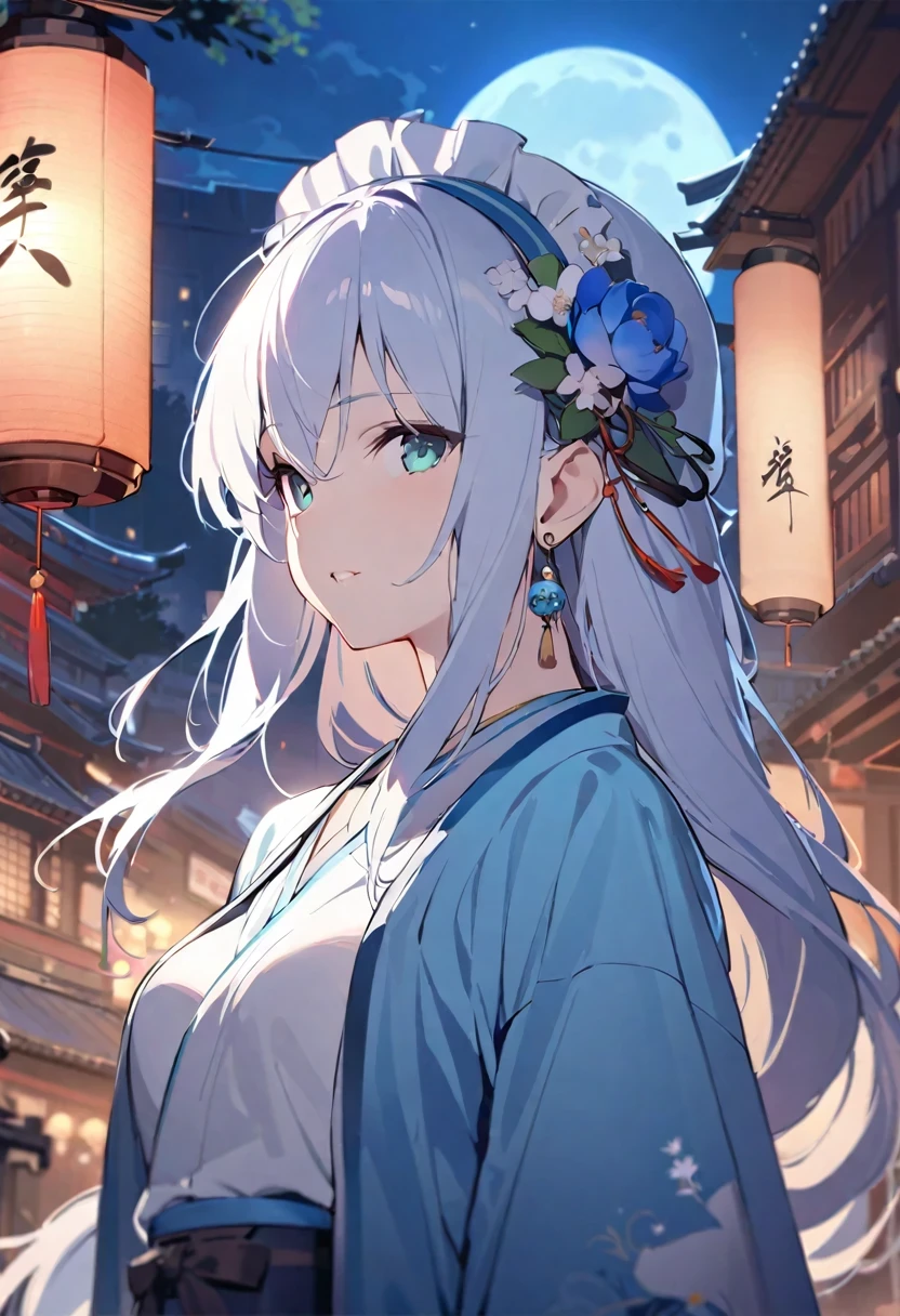 Shirakami Fubuki/(Holographic live broadcast/),masterpiece, best quality, 8k, movie light, ultra high resolution, Chinese painting, 1 girl, alone, Medium chest, night, moon, city street, headgear, hair flower, Chinese Arts, Hanfu, branch, long hair, belt, Upper body, China costume, jewelry, long sleeves, earrings, flower branch,