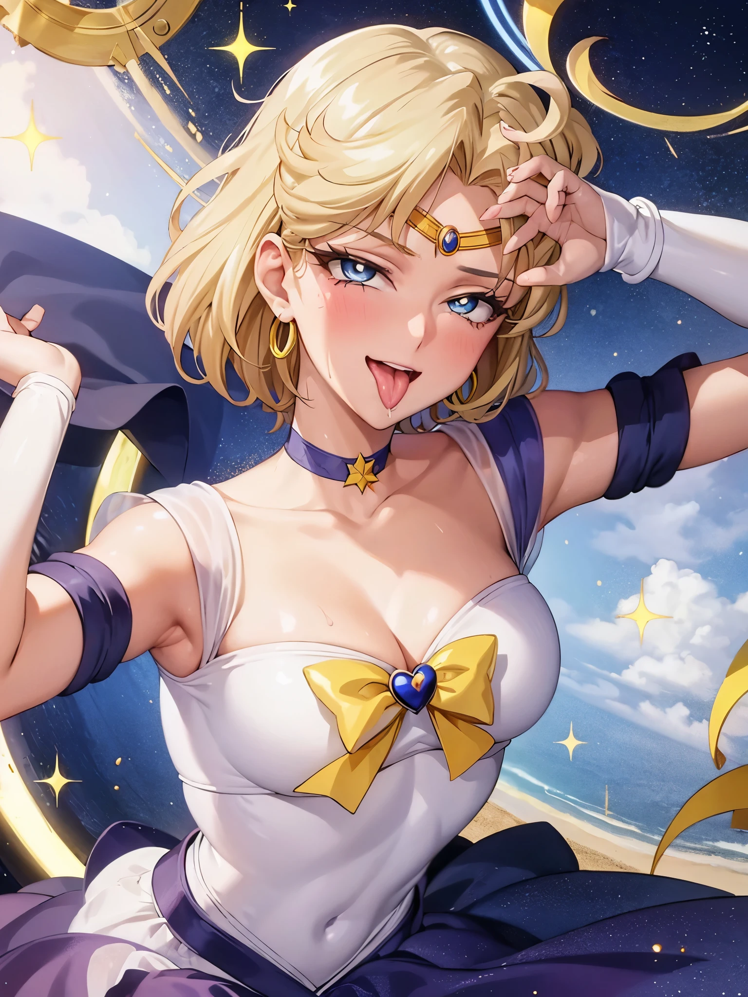 (masterpiece), highest quality, expressive eyes, perfect face, open your mouth, cum on tongue, cum in mouth, tongue, tongue out, short hair, blush, smile, Ahegao, medium breasts, short hair, Sailor Moon Uranus, blonde, blush, Sweat