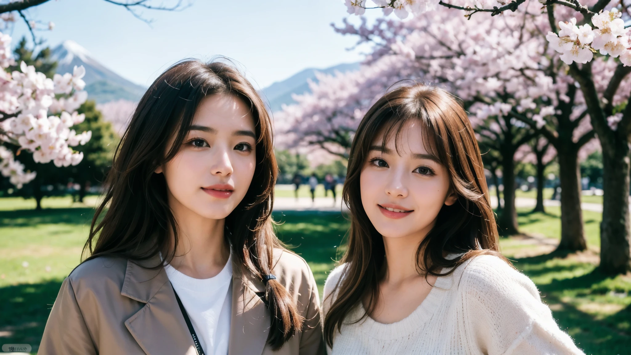 masterpiece, Best Quality, Photorealistic, Ultra-detailed, finely detailed, High resolution, 8K Wallpaper, 1 beautiful woman, light brown hair, sharp focus, Perfect dynamic composition, Beautiful detailed eyes, detailed hairs, Detailed realistic skin texture, Smiling, portrait, Model body type, Take a walk in the park with cherry blossoms and Fuji Mountain background,