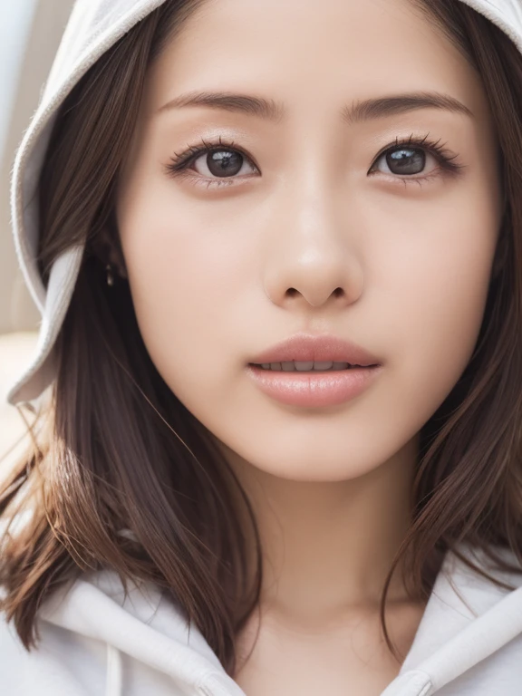 Japanese、Satomi Ishihara、1girl,((1boy)),masterpiece, highest quality, (realistic:1.4), beautiful woman pictures, brown hair, , detailed face, big breasts, Inside the plane,(pubic hair),((whole body)),white teeth、looking at the camera、soft light, rim light, vivid details,standing back、stiletto heels,lewd service、(slender body:1.2)、constriction、abs,hooded hoodie、flared mini skirt、detailed skirt pattern、bangs、plump lower lip、glossy lips,