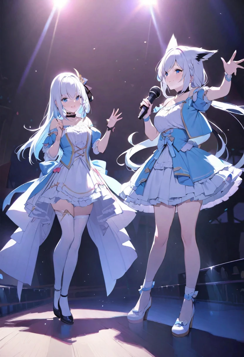 Shirakami Fubuki/(Holographic live broadcast/),revelation、movie lighting、high resolution、best quality、Super detailed、a delicate face、(delicate eyes)、top quality、Super detailed、​Masterpiece, shadow in eye、creepy mile、collar、D cup、High heel、、Neon little shiny hair tail、frilly miniskirt、AI Fantasy Concert、Flashing lights and neon details、Hold the microphone with your left hand and sing:15、(On-site stage:1.15)To the audience in the background、light reflection、lolita style