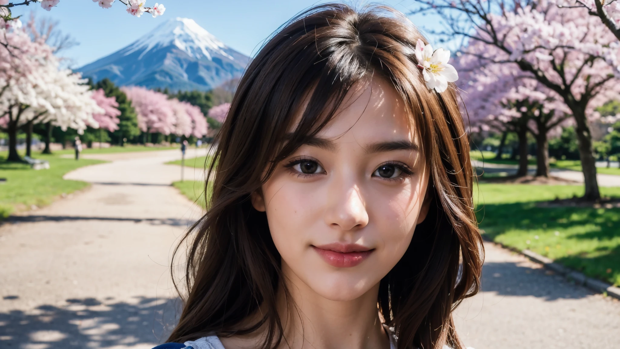 masterpiece, Best Quality, Photorealistic, Ultra-detailed, finely detailed, High resolution, 8K Wallpaper, 1 beautiful woman, light brown hair, sharp focus, Perfect dynamic composition, Beautiful detailed eyes, detailed hairs, Detailed realistic skin texture, Smiling, portrait, Model body type, Take a walk in the park with cherry blossoms and Fuji Mountain background,