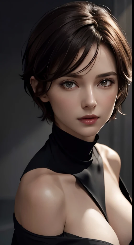skin tight black top:1.2、look at the audience、cinematic lighting、perfection、soft light、high resolution skins:1.2、realistic skin texture、30 year old mature woman、small face、no makeup、off shoulder、bust B cup、 exposed cleavage、red eyes、short hair、dark brown hair、full nude、gray background