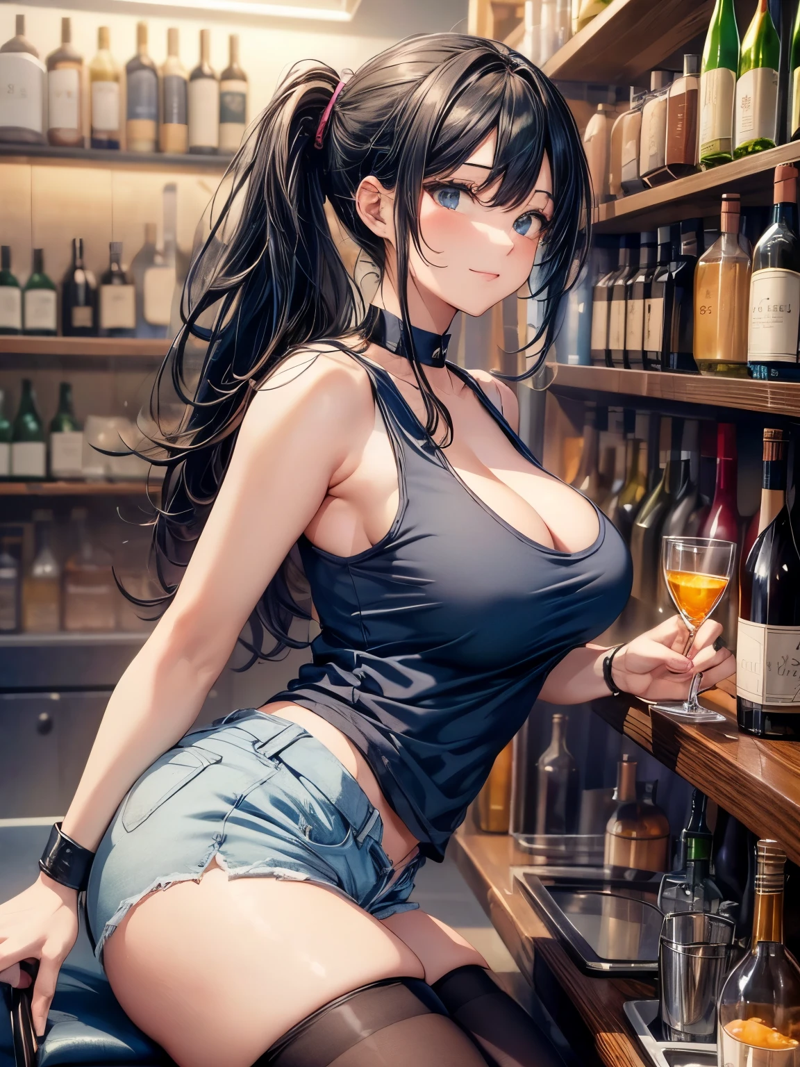 nsfw:1.3, highest quality, 4K, one beautiful woman, beautiful big breasted woman, black haired woman, long hair woman、ponytail woman, ((Woman in dark blue tank top:1.3)), woman wearing white shorts、big smile, ((black knee socks))、stylish bar、Stylish wines are lined up on the liquor shelf