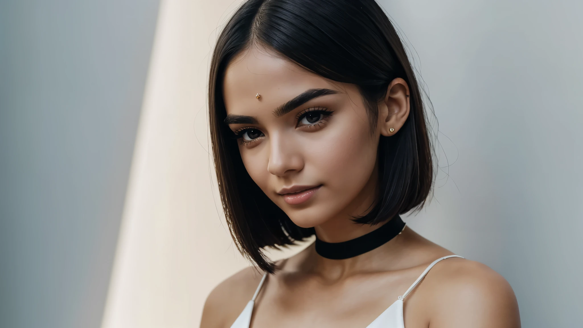 ((Beautiful) attractive cute:2 young women), very_cute, choker,(big breasts:1.5), (small_nose:1.2, thin_nose:1.5, delicate_nose:1.5, pointed_nose_tip:1.5, symmetric_nose), round_chin:1, short_jaw:1, round_jaw:1, long bob_cut_hair, (dark_hair:1.5), (brown_eyes:1.5, mahogany_brown_eyes:1), cheek_dimples:1.3, round_cheeks:1.2, (very_small_eyebrows:1.5), (Masterpiece, 8K, best quality, highres:1.5), looking_at_viewer:1.5, body_looking_at_viewer:1.5, white_photoshoot:1, white_room:1, white_backdrop:1.5, standing, neutral_body_posture:1.5, neutral_facial_expression, wearing white_straplesini_dress), skin_texture:1.2