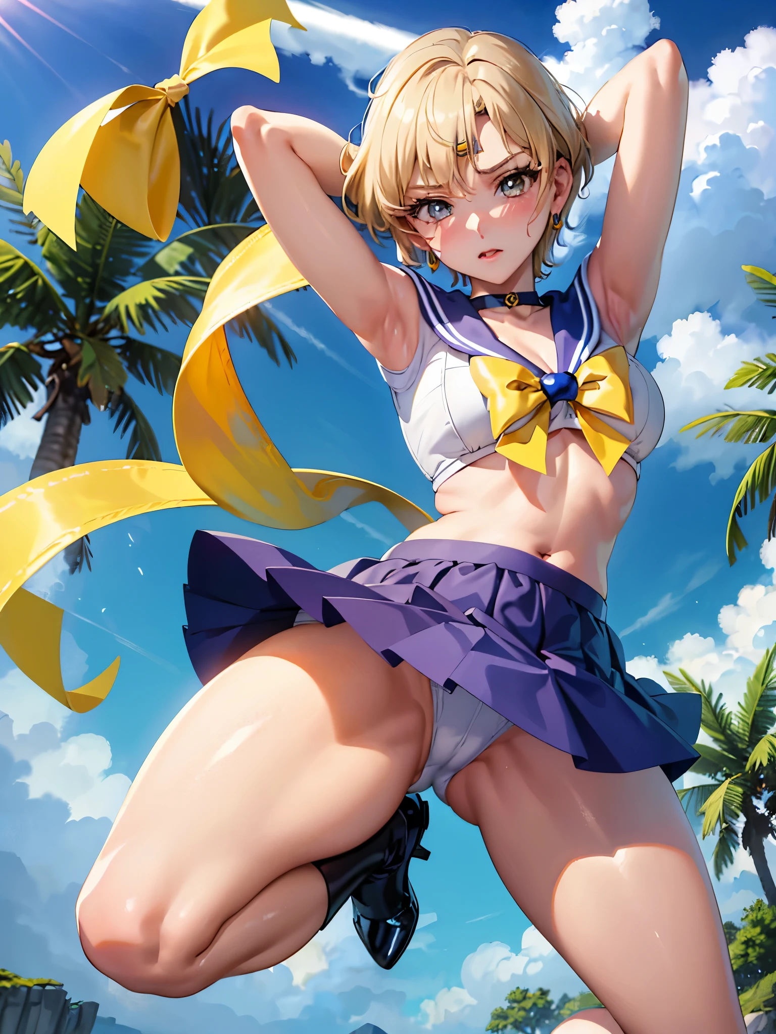 (highest quality:1.1), (masterpiece:1.4), (absurd:1.0), Portrait, Close-up,
1, sailor uranus, KizukiAi,, big and full breasts, aqua eye, blonde hair, sailor warrior uniform, sailor collar, chest bow, yellow ribbon, charming skirt, white elbow gloves, by the pool, (blush:1.2), looking at the viewer, erect nipples、show off panties、super mini skirt、dynamic pose、(Downから見る:1.2)、camel toe.between legs、belly button、spread your legs.NSFW、Down