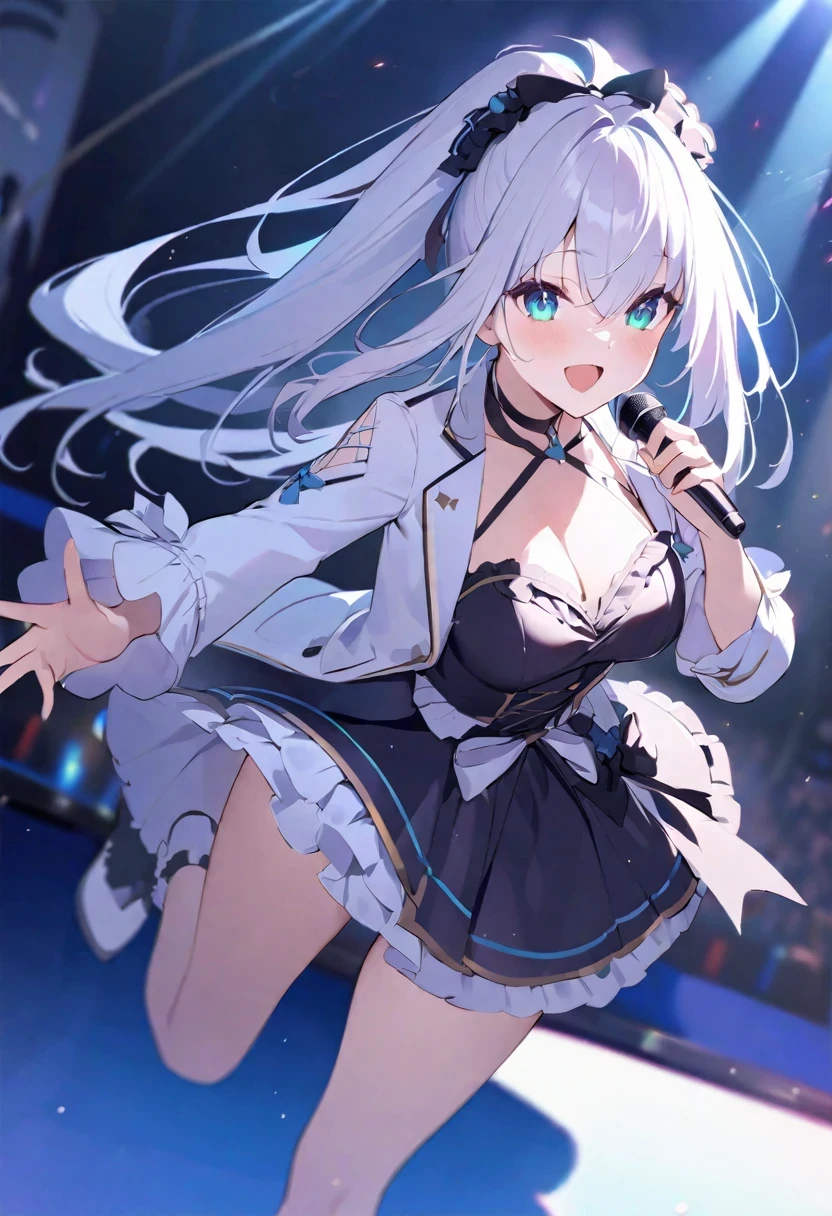 Shirakami Fubuki/(Holographic live broadcast/),revelation、movie lighting、high resolution、best quality、Super detailed、a delicate face、(delicate eyes)、top quality、Super detailed、Masterpiece, shadow in eye、creepy mile、collar、D cup、High heel、、Neon little shiny hair tail、frilly miniskirt、AI Fantasy Concert、Flashing lights and neon details、Hold the microphone with your left hand and sing:15、(On-site stage:1.15)To the audience in the background、light reflection、ta style